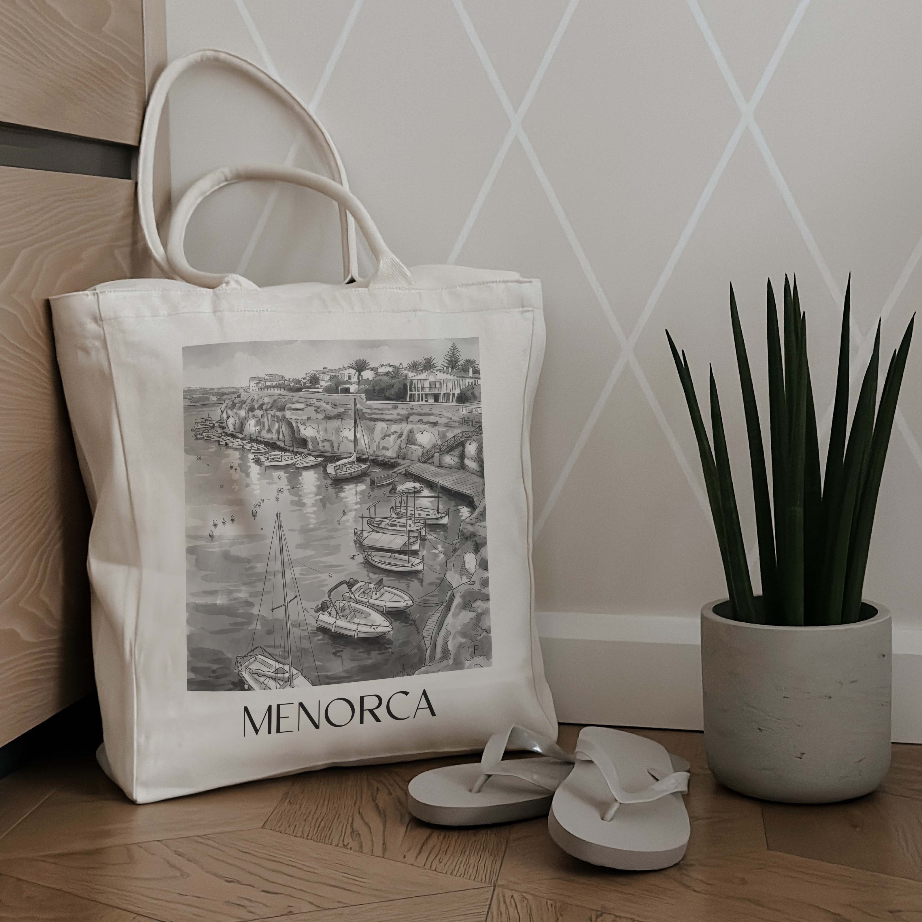 menorca--spanien-spanien-einkaufstasche-aquarell-schwarz-weiss