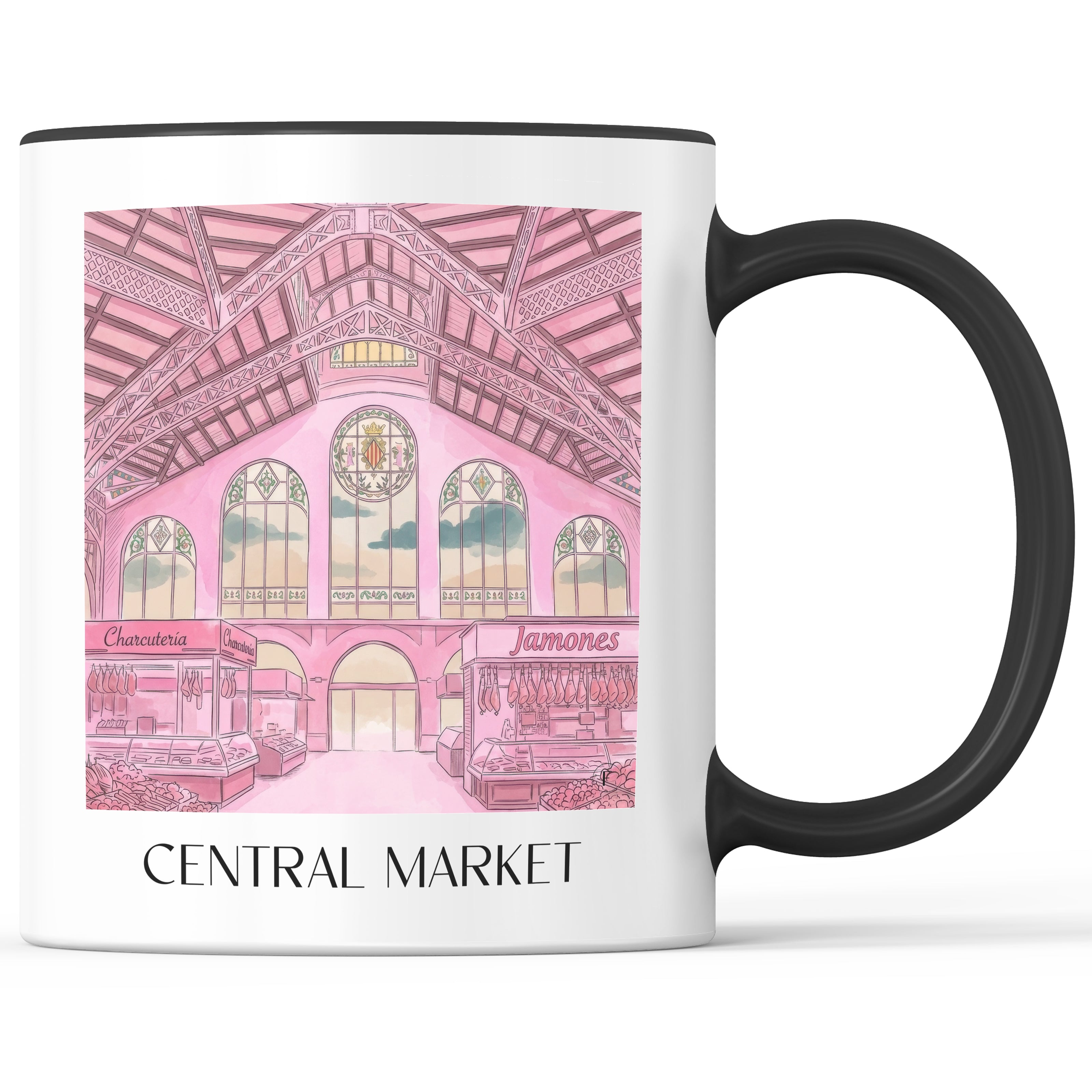 Mercat Central Kaffeebecher - Valencia - Spanien Becher - Kaffeetasse im Aquarell Pink Stil - favplace