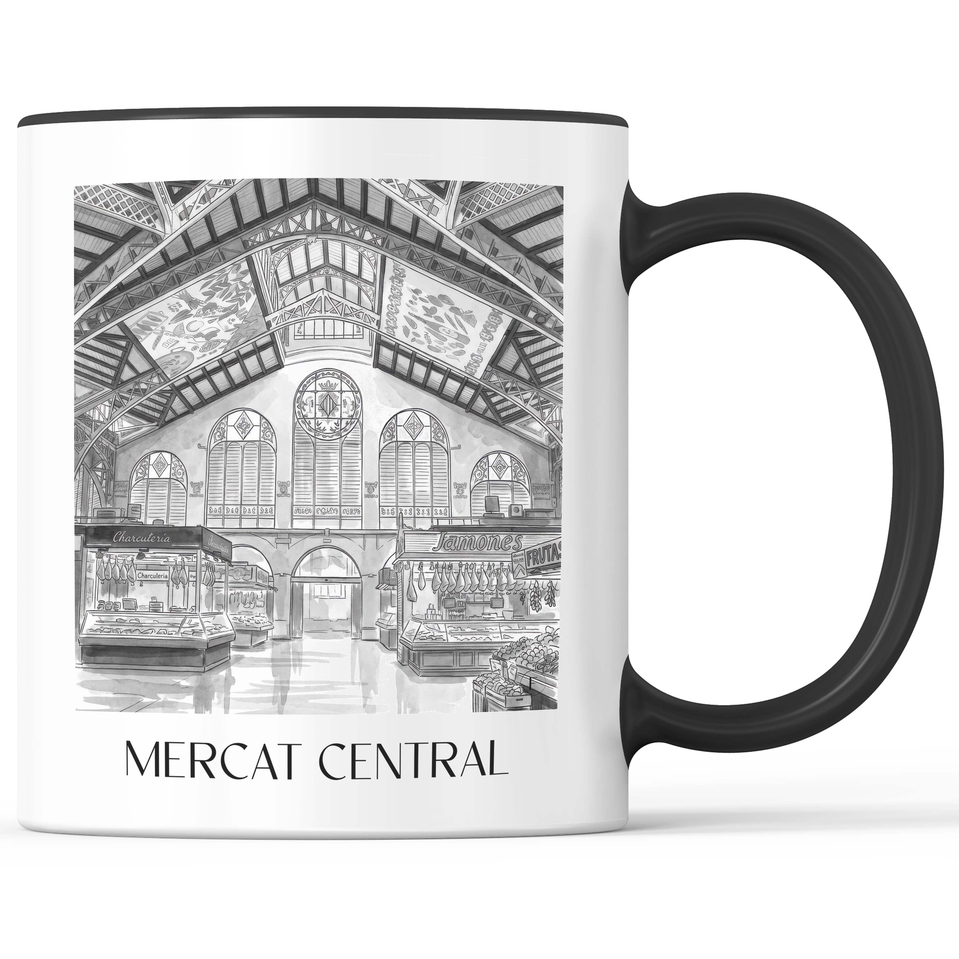 mercat-central-valencia-spanien-kaffeebecher-aquarell-schwarz-weiss