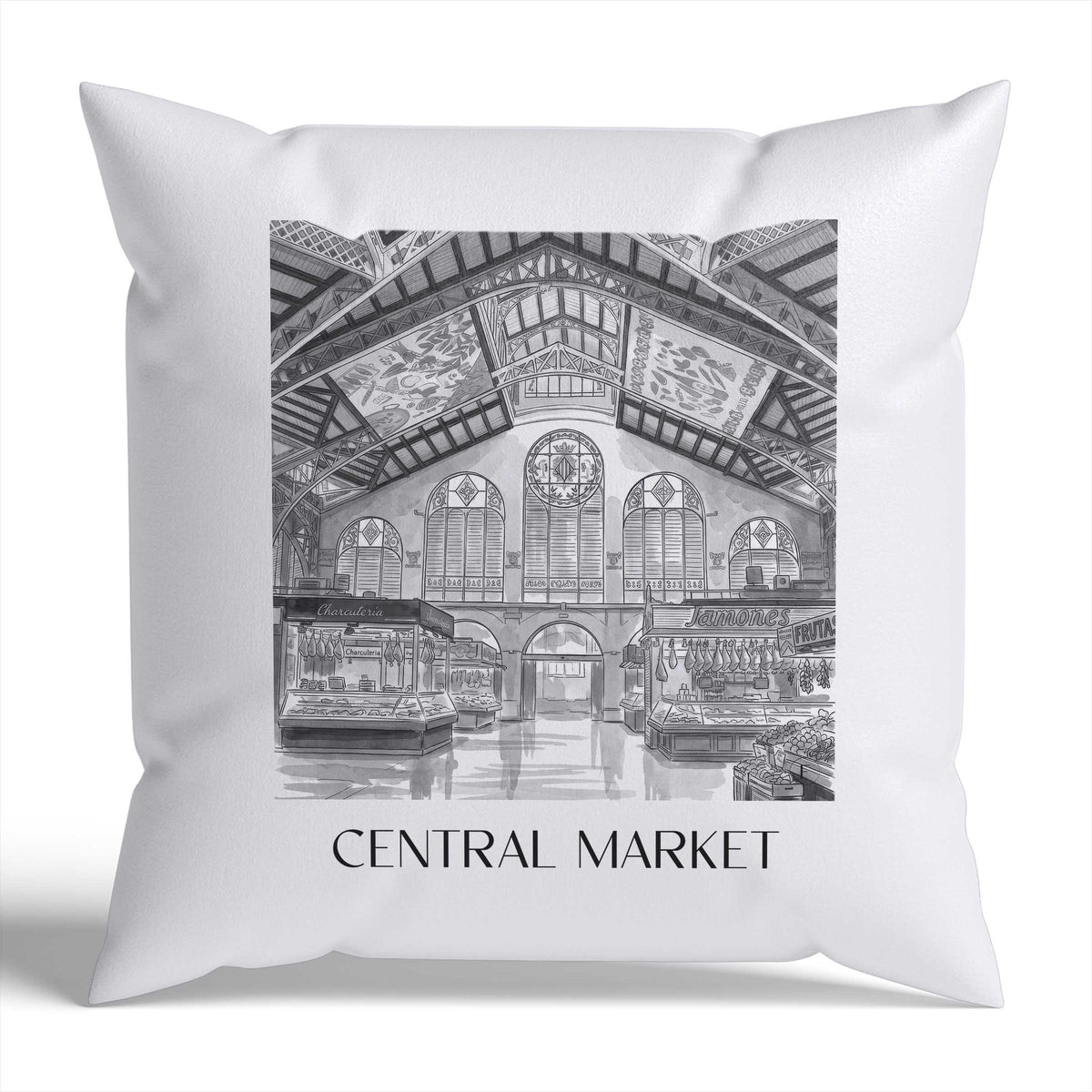 Mercat Central Kissenhülle - Zierkissen Bezug - Valencia - Spanien Kissen bzw. Kissenbezug im Aquarell Schwarz-Weiß Stil - favplace