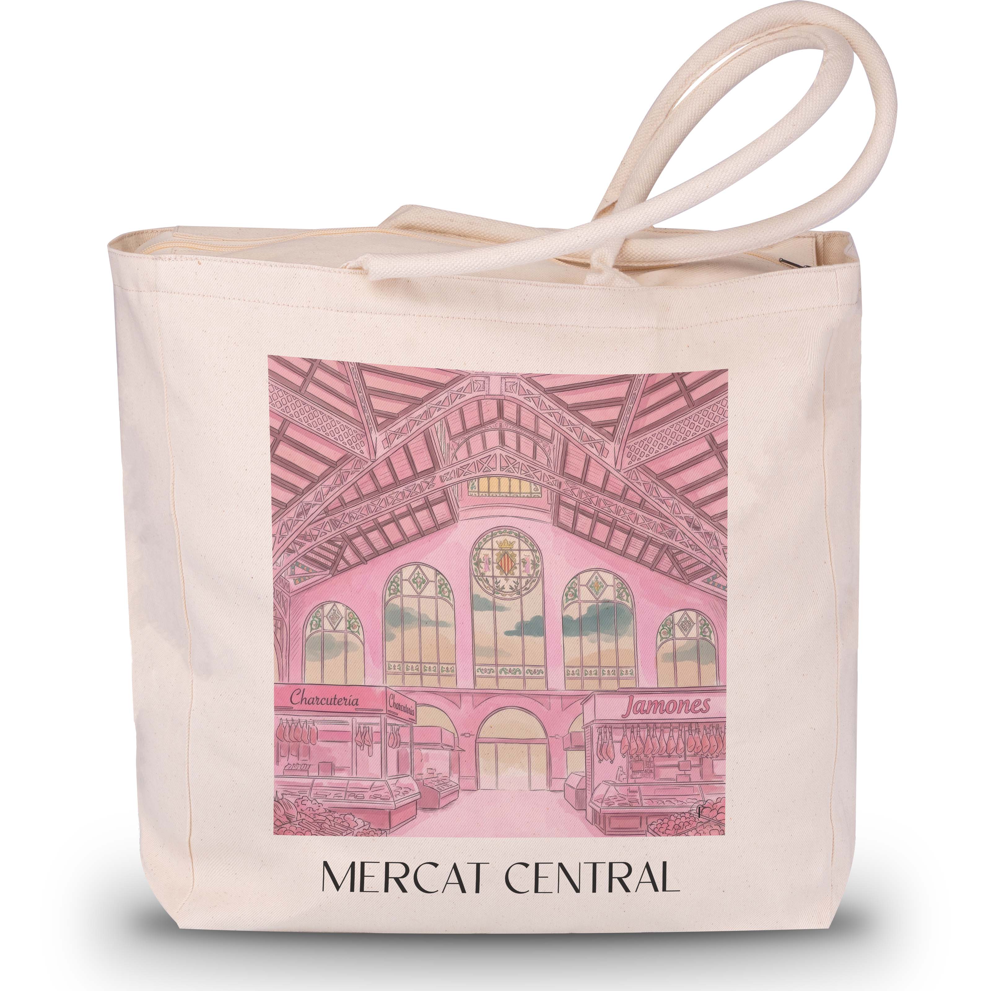 mercat-central-valencia-spanien-einkaufstasche-aquarell-pink-rosa
