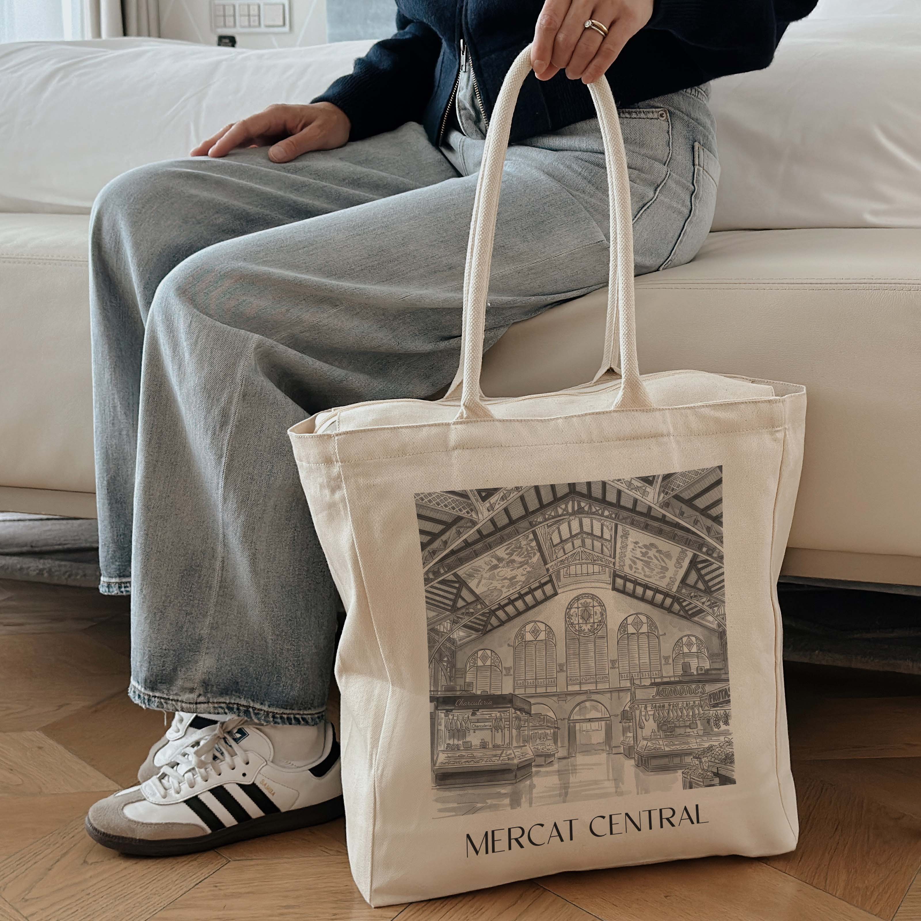 mercat-central-valencia-spanien-einkaufstasche-aquarell-schwarz-weiss