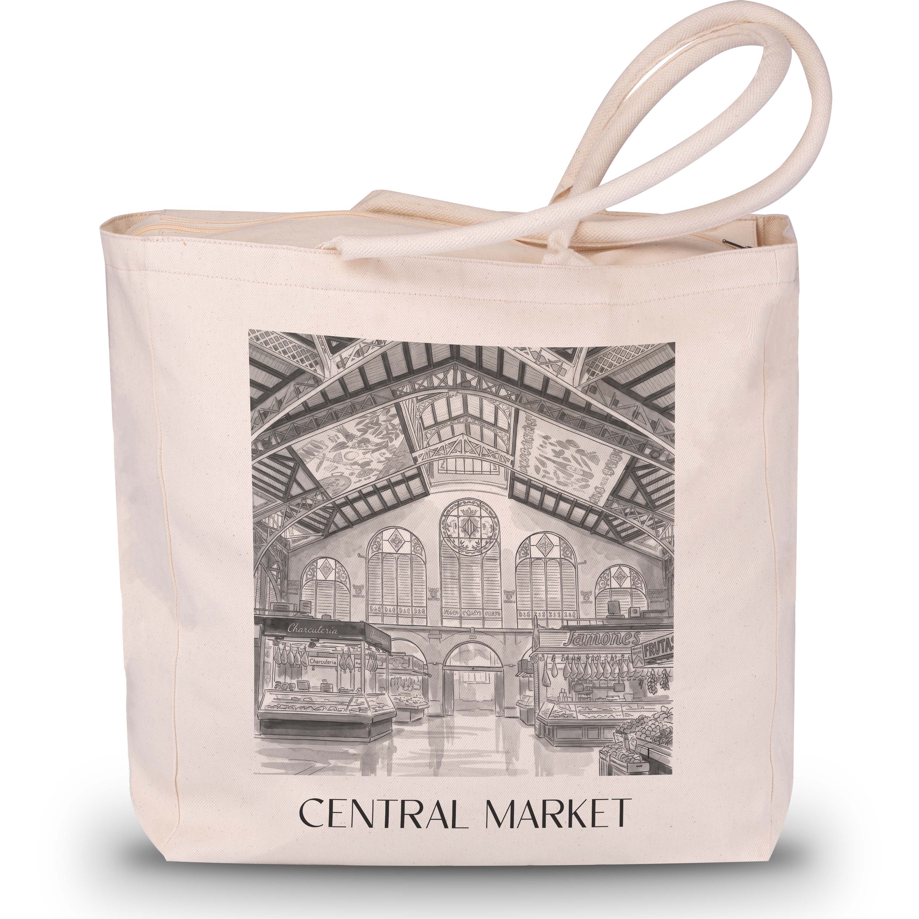 Mercat Central Shopping Tasche - Valencia - Spanien Tote Bag - Einkaufstasche im Aquarell Schwarz-Weiß Stil - favplace