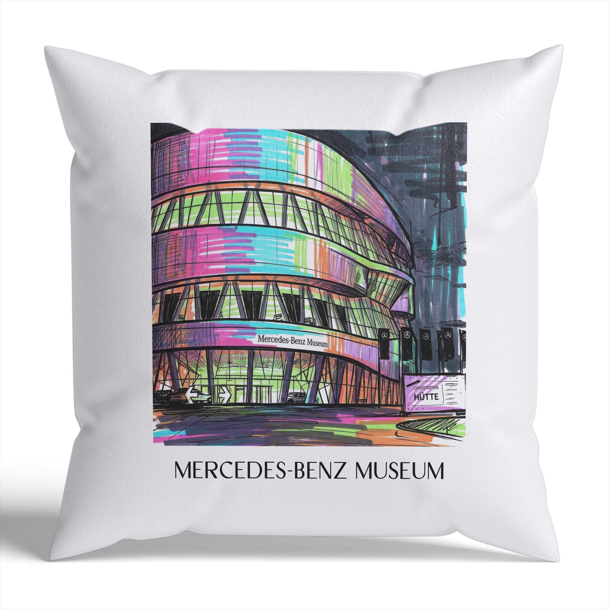 Mercedes-Benz Museum Kissenhülle - Zierkissen Bezug - Stuttgart - Deutschland Kissen bzw. Kissenbezug im Tag Graffiti Stil - favplace
