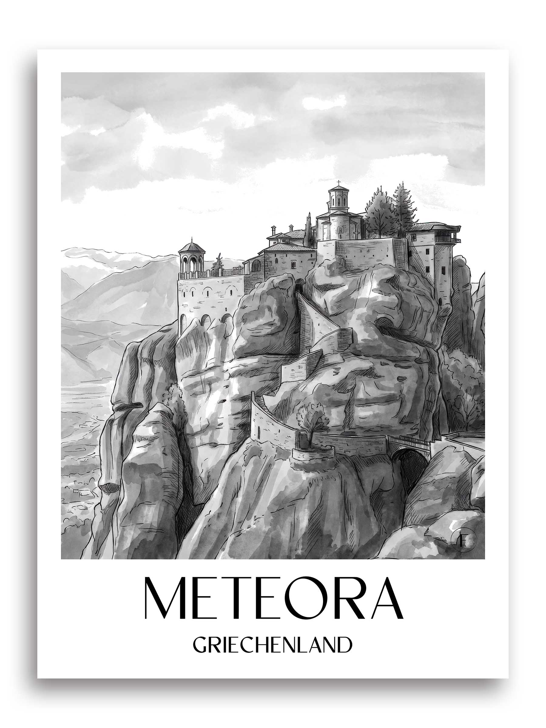 meteora-griechenland-griechenland-poster-aquarell-schwarz-weiss