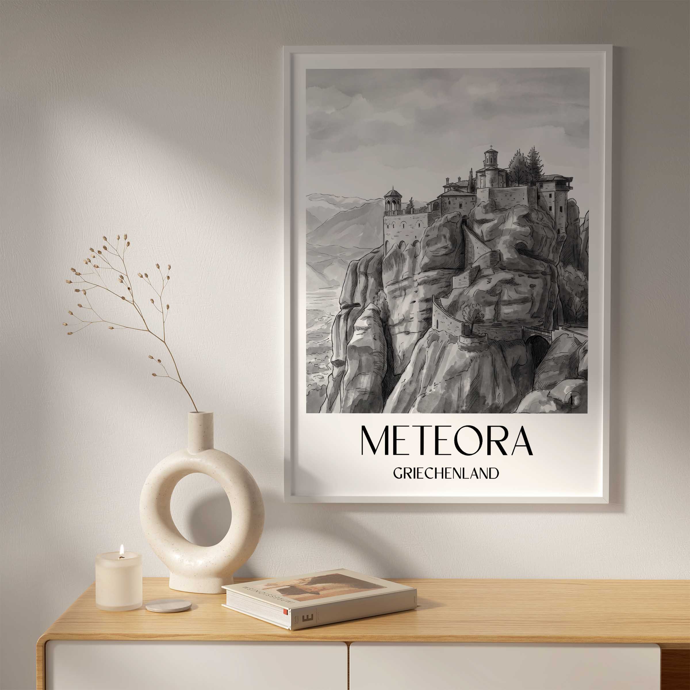meteora-griechenland-griechenland-poster-aquarell-schwarz-weiss