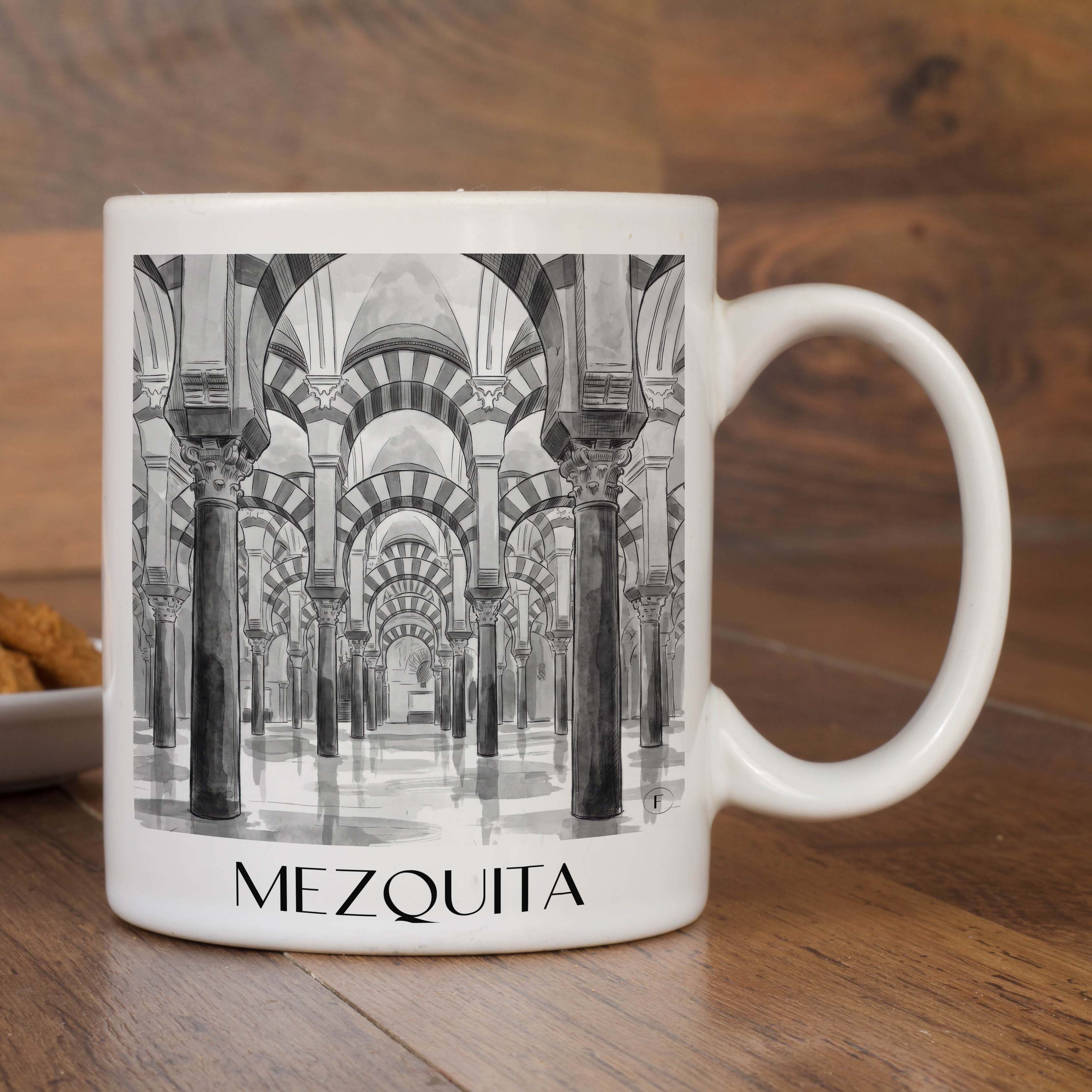 mezquita-córdoba-spanien-kaffeebecher-aquarell-schwarz-weiss