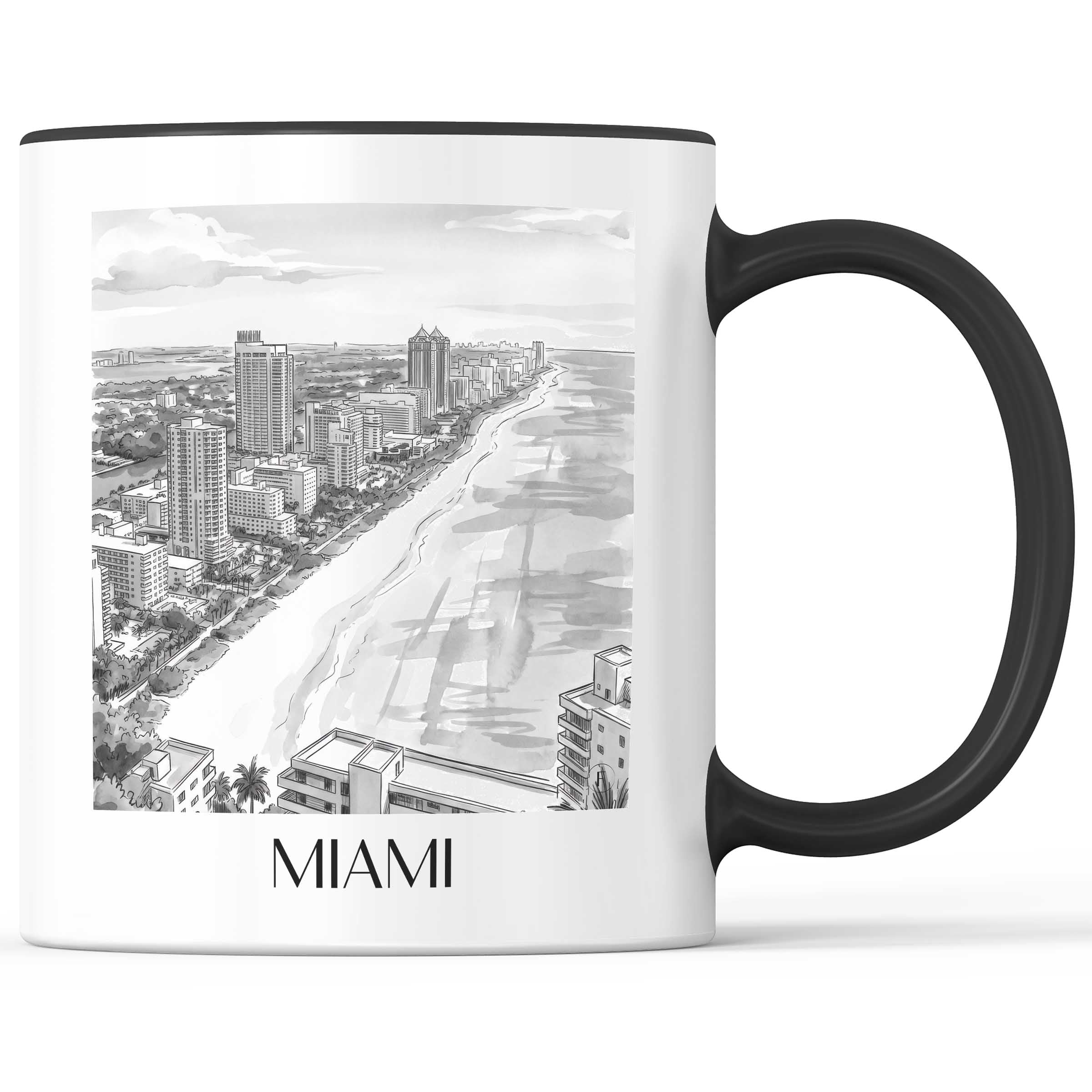 Miami - USA Becher - Kaffeetasse im Aquarell Schwarz-Weiß Stil - favplace