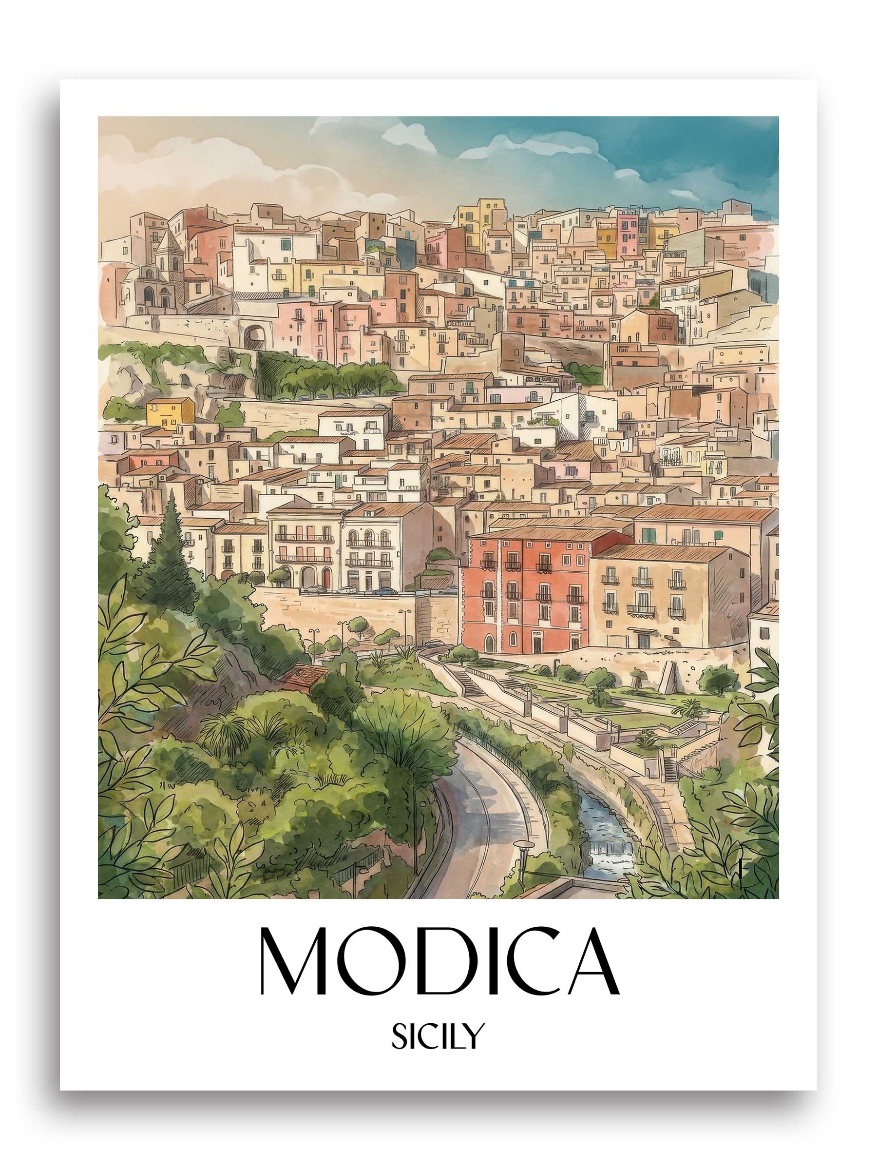 Modica Poster - Sizilien - Italien Kunstdruck - Aquarell von A4 bis A1 - favplace