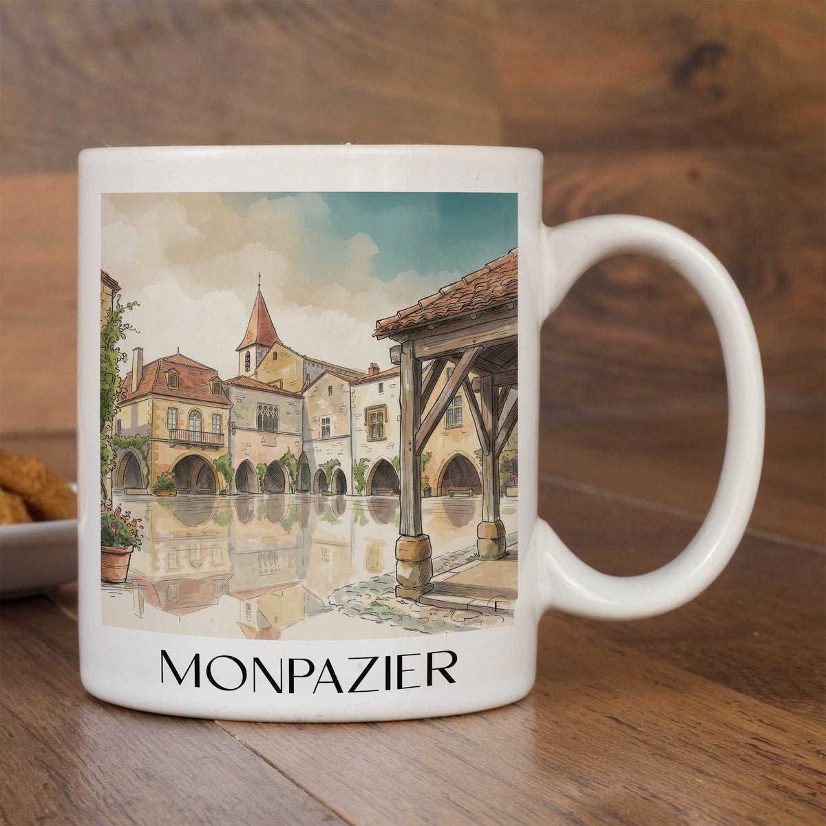 monpazier-périgord-pourpre-frankreich-kaffeebecher-aquarell