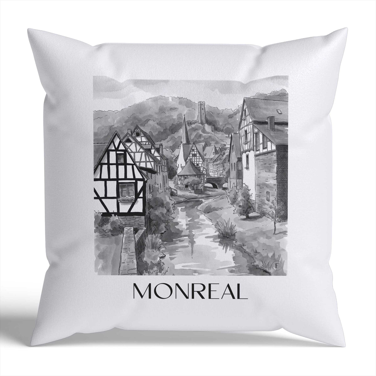 Monreal Kissenhülle - Zierkissen Bezug - Eifel - Deutschland Kissen bzw. Kissenbezug im Aquarell Schwarz-Weiß Stil - favplace