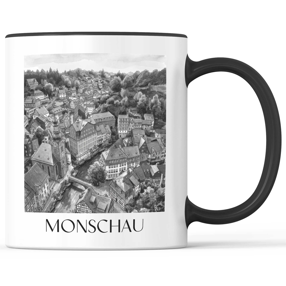 monschau-rureifel-deutschland-kaffeebecher-aquarell-schwarz-weiss