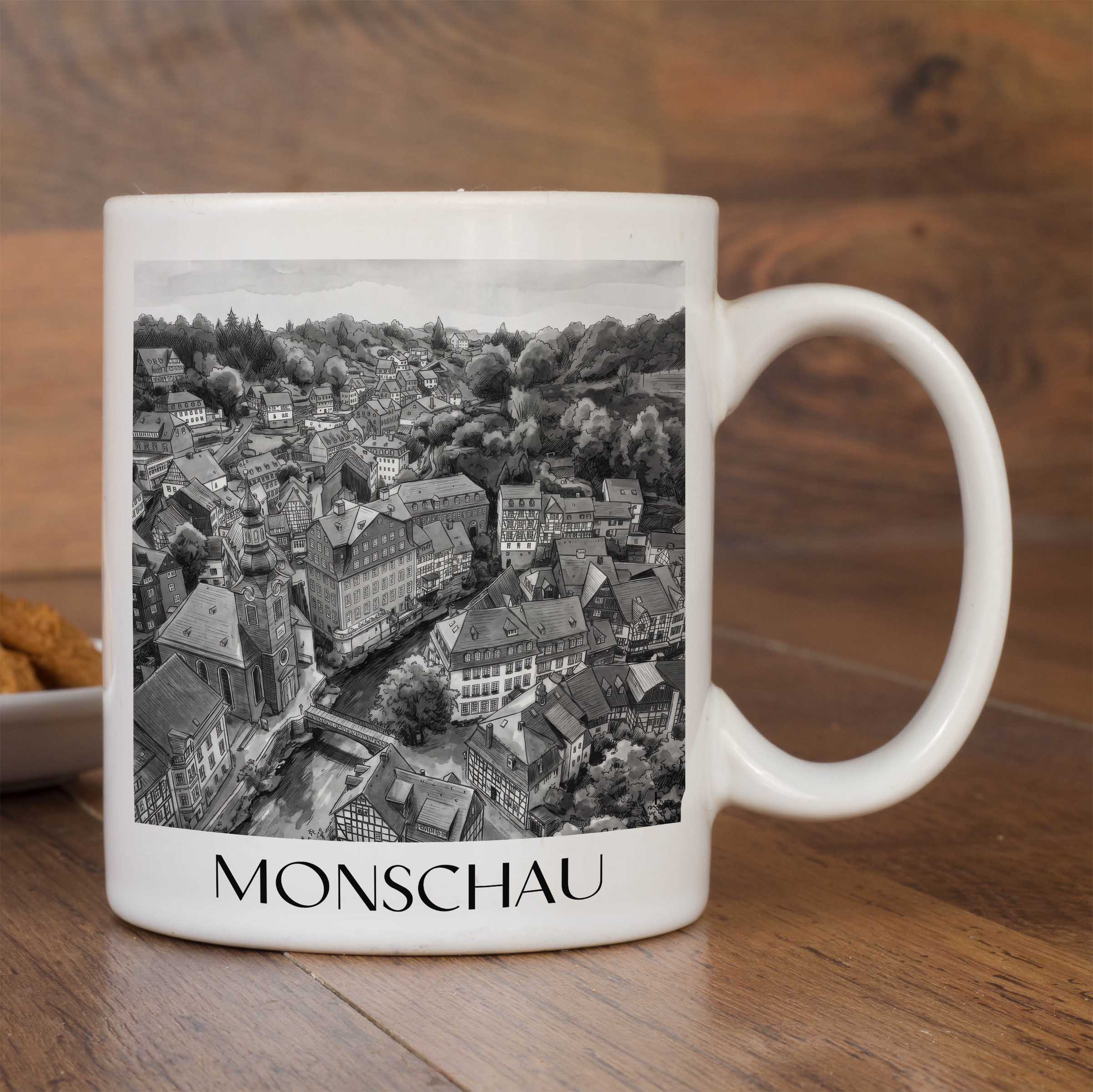 monschau-rureifel-deutschland-kaffeebecher-aquarell-schwarz-weiss