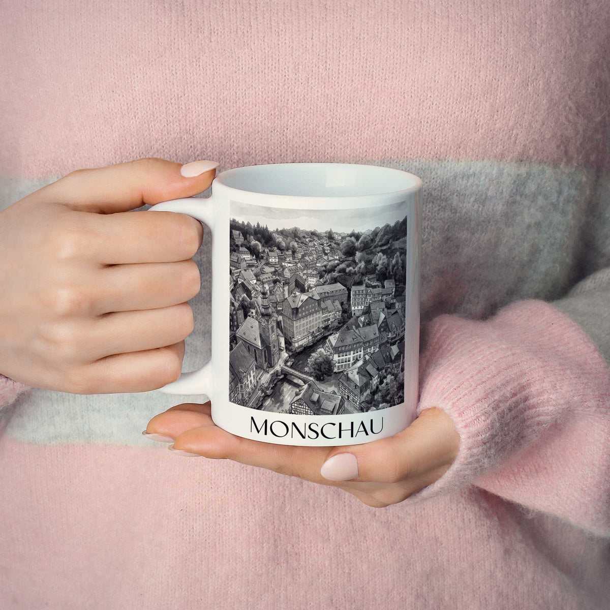 monschau-rureifel-deutschland-kaffeebecher-aquarell-schwarz-weiss
