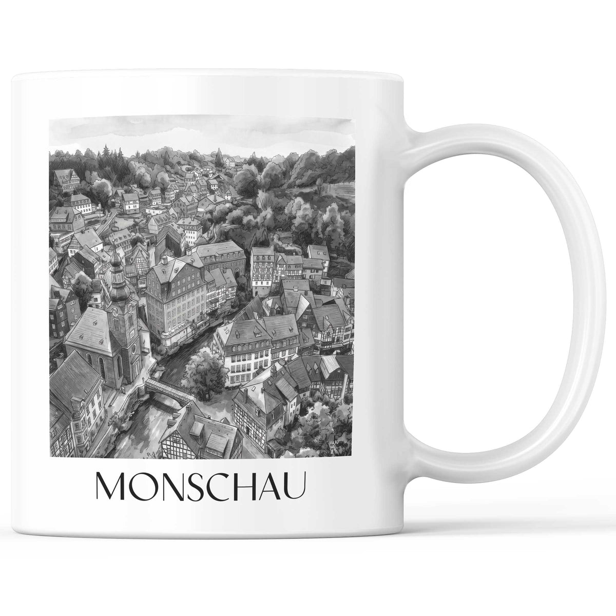 monschau-rureifel-deutschland-kaffeebecher-aquarell-schwarz-weiss