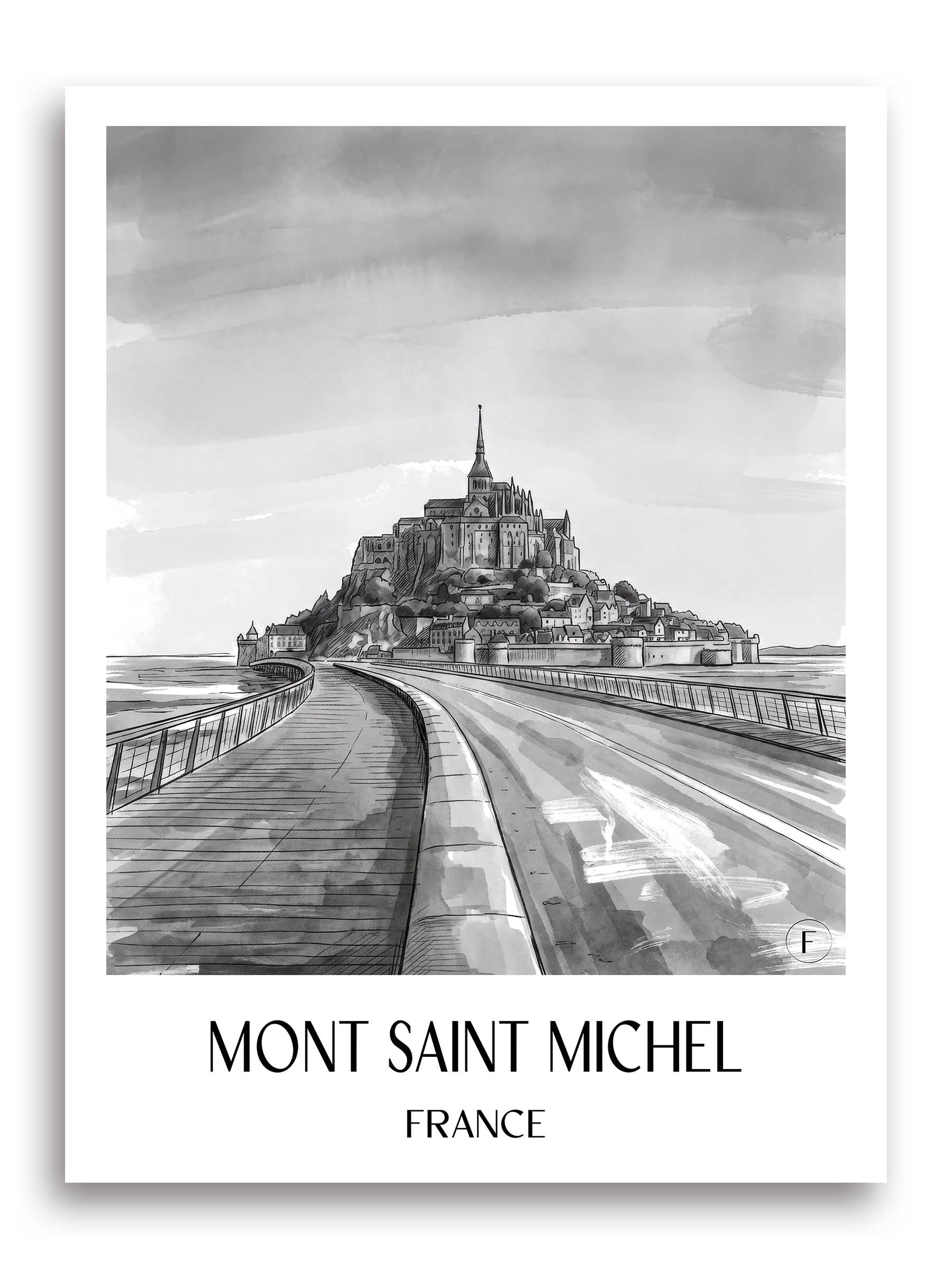 Mont Saint Michel Poster - - Frankreich Kunstdruck - Aquarell Schwarz-Weiß von A4 bis A1 - favplace