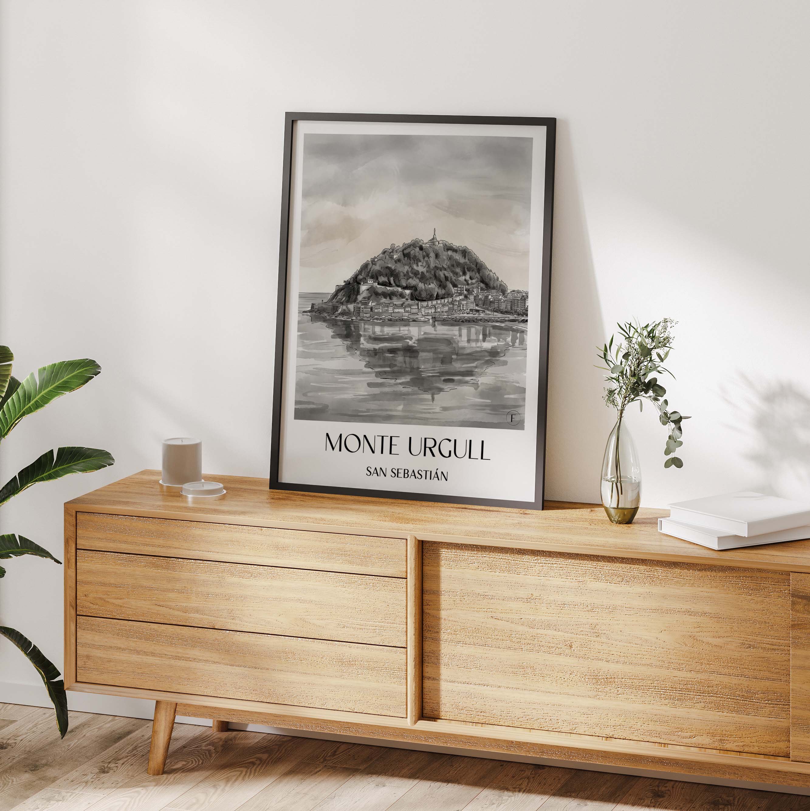 monte-urgull-san-sebastián-spanien-poster-aquarell-schwarz-weiss