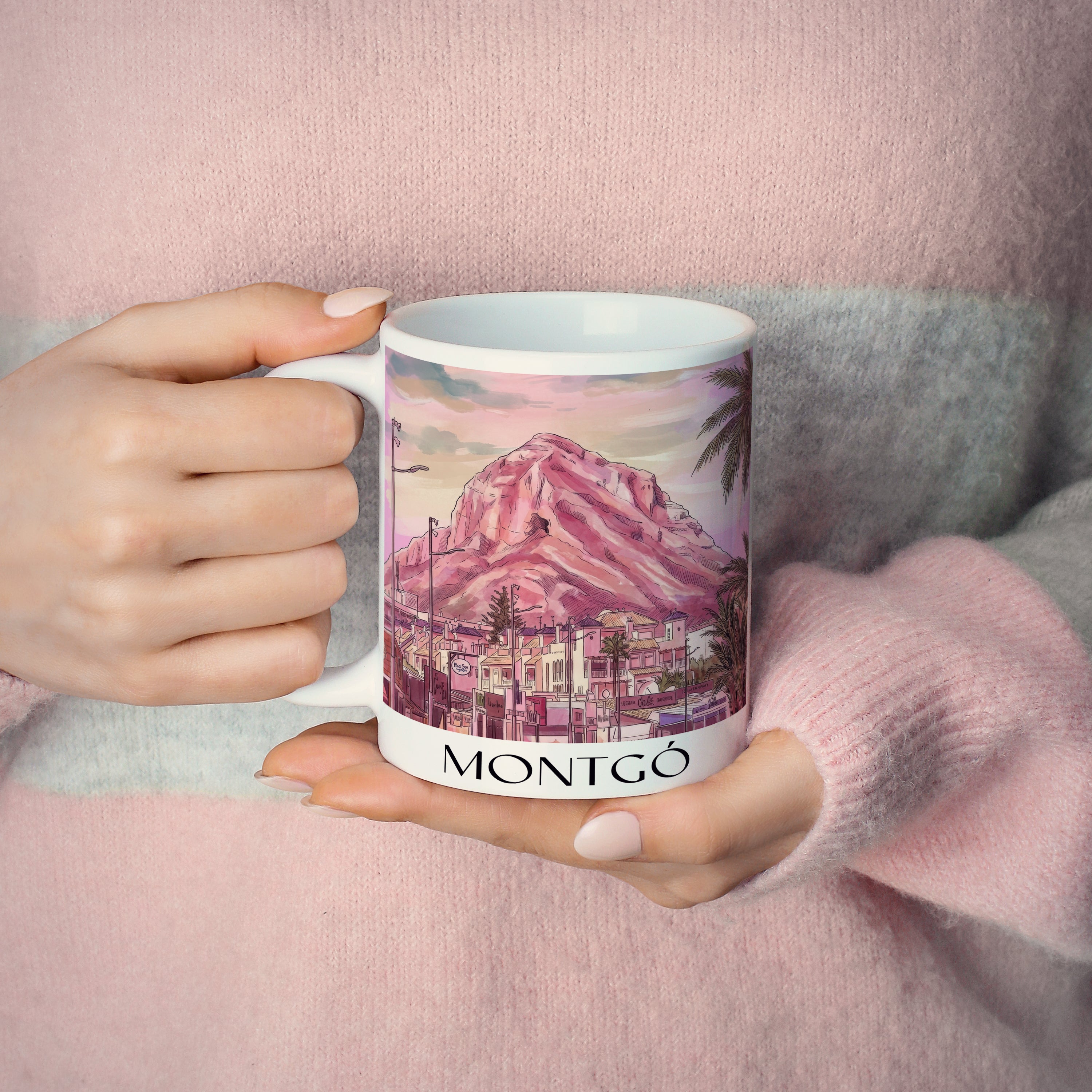montgó-dénia-spanien-kaffeebecher-aquarell-pink-rosa