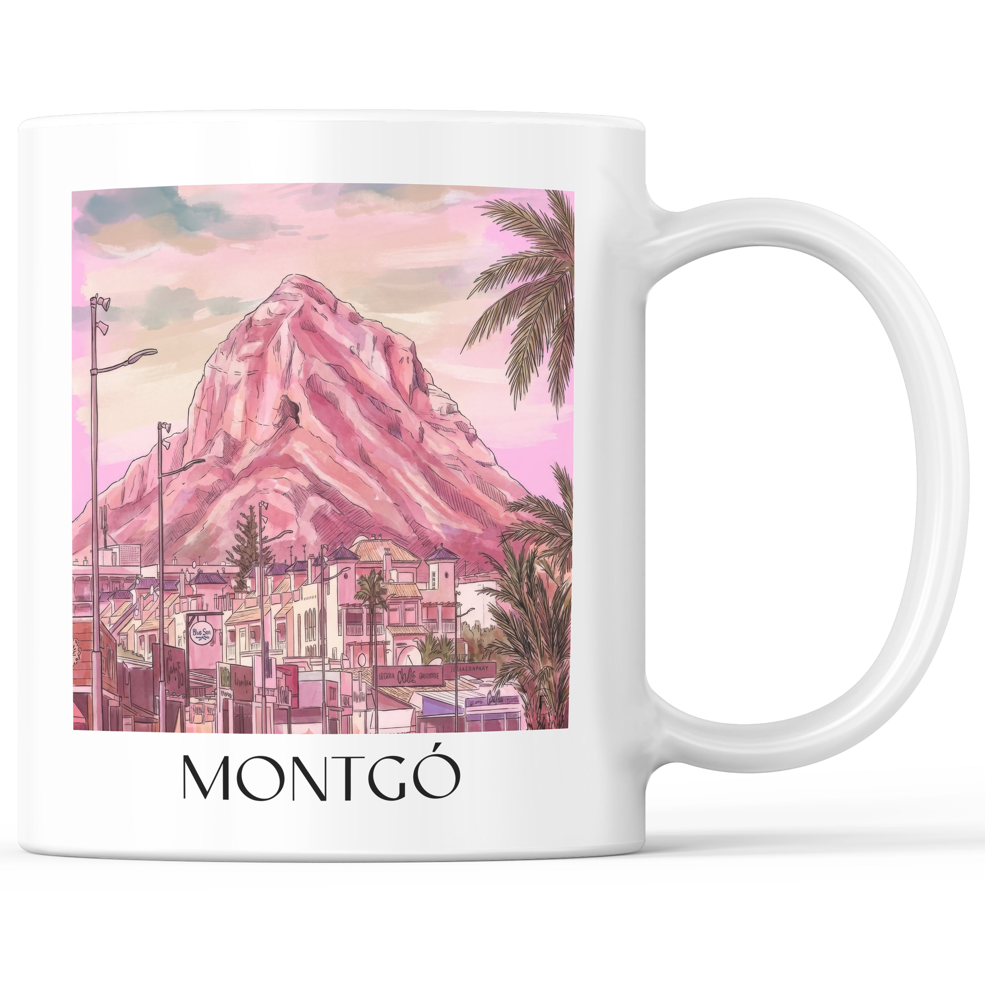 Montgó Kaffeebecher - Dénia - Spanien Becher - Kaffeetasse im Aquarell Pink Stil - favplace