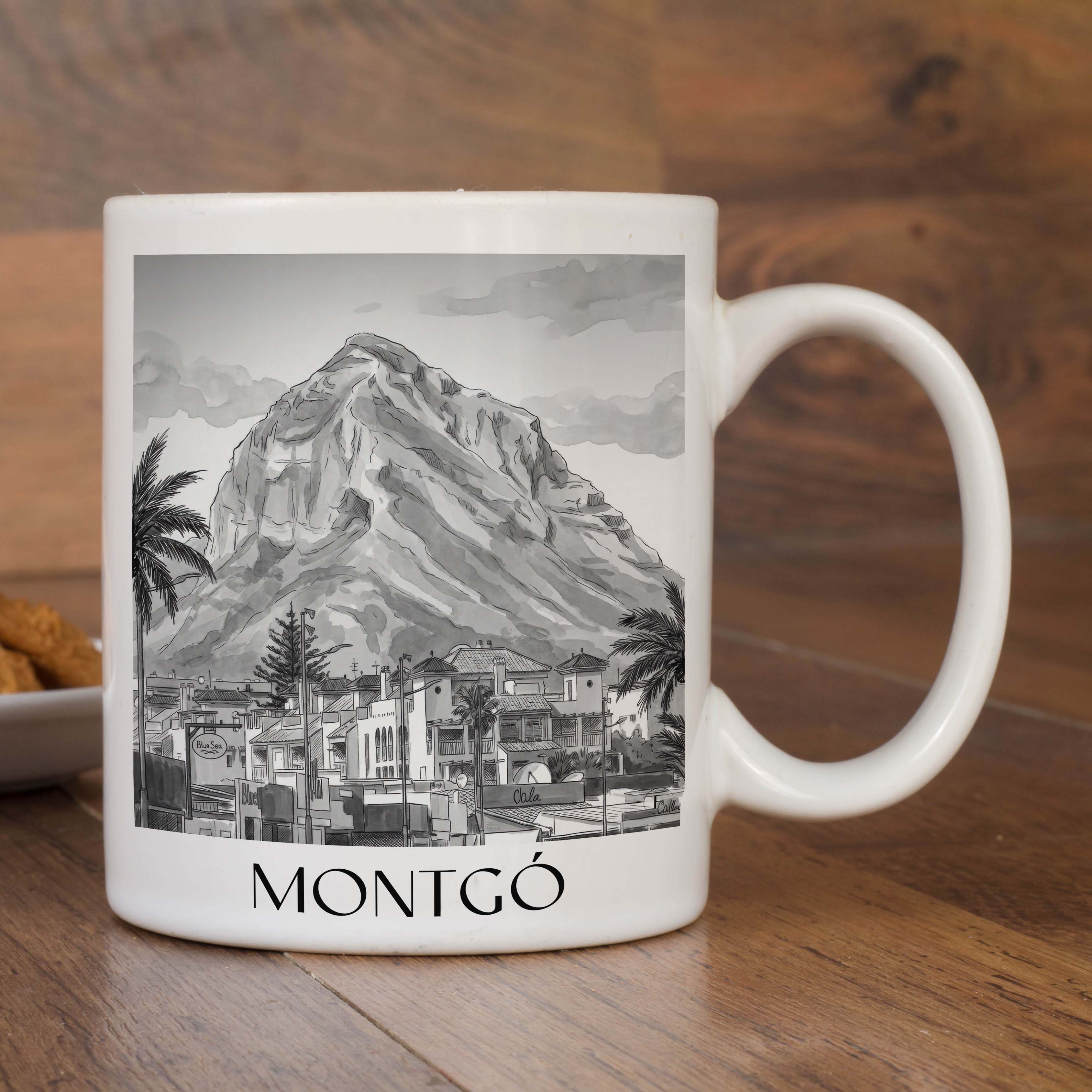 montgó-dénia-spanien-kaffeebecher-aquarell-schwarz-weiss