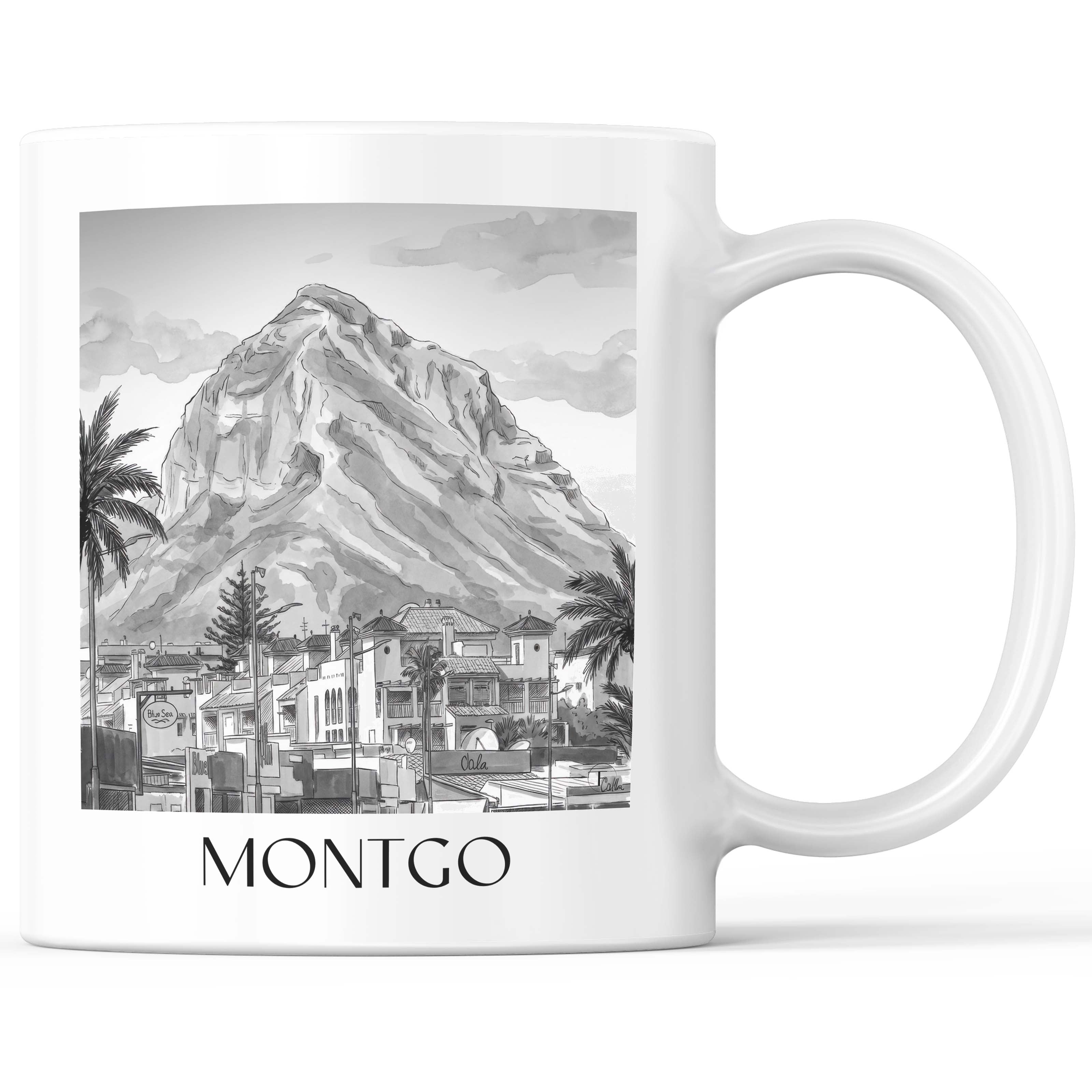 Montgó Kaffeebecher - Dénia - Spanien Becher - Kaffeetasse im Aquarell Schwarz-Weiß Stil - favplace