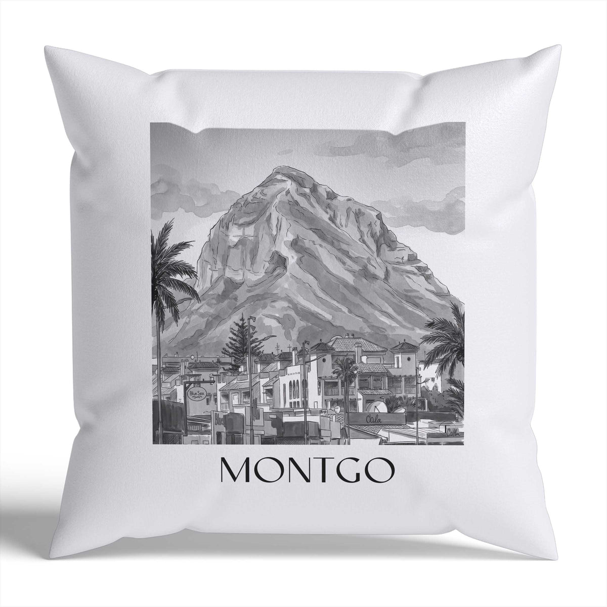 Montgó Kissenhülle - Zierkissen Bezug - Dénia - Spanien Kissen bzw. Kissenbezug im Aquarell Schwarz-Weiß Stil - favplace