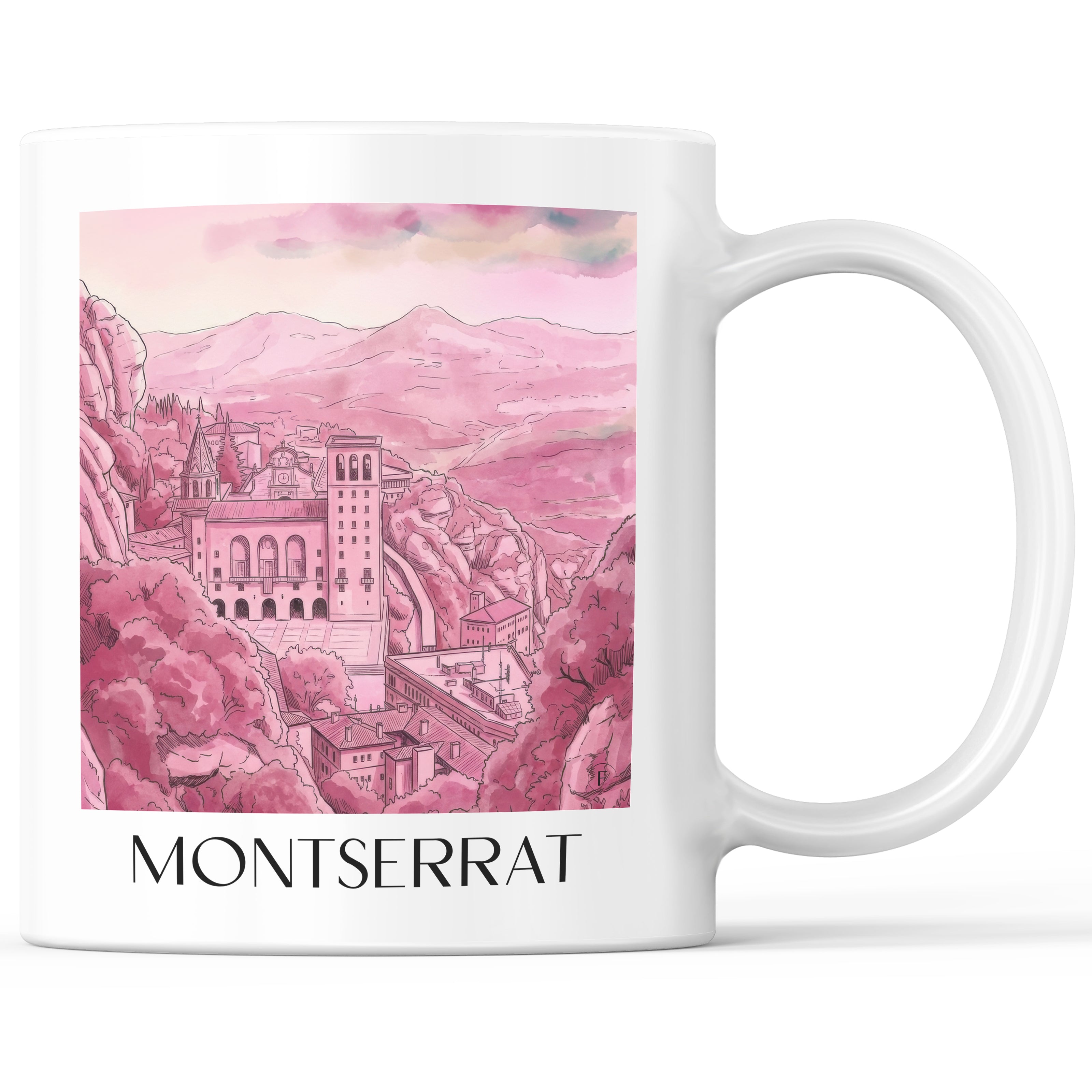 Montserrat Kaffeebecher - Spanien - Montserrat und Spanien Becher - Kaffeetasse im Aquarell Pink Stil - favplace