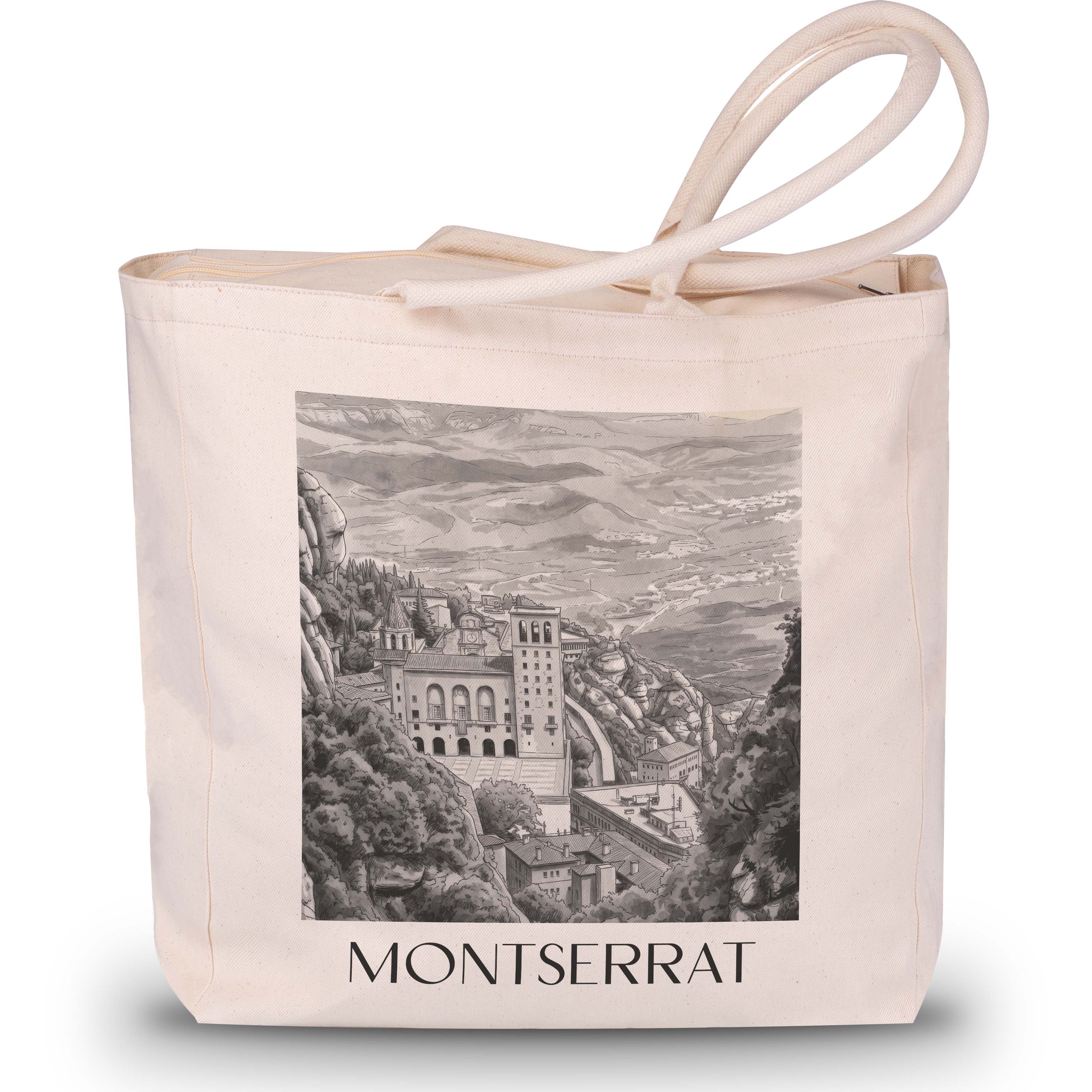 Montserrat Shopping Tasche - Spanien - Montserrat und Spanien Tote Bag - Einkaufstasche im Aquarell Schwarz-Weiß Stil - favplace