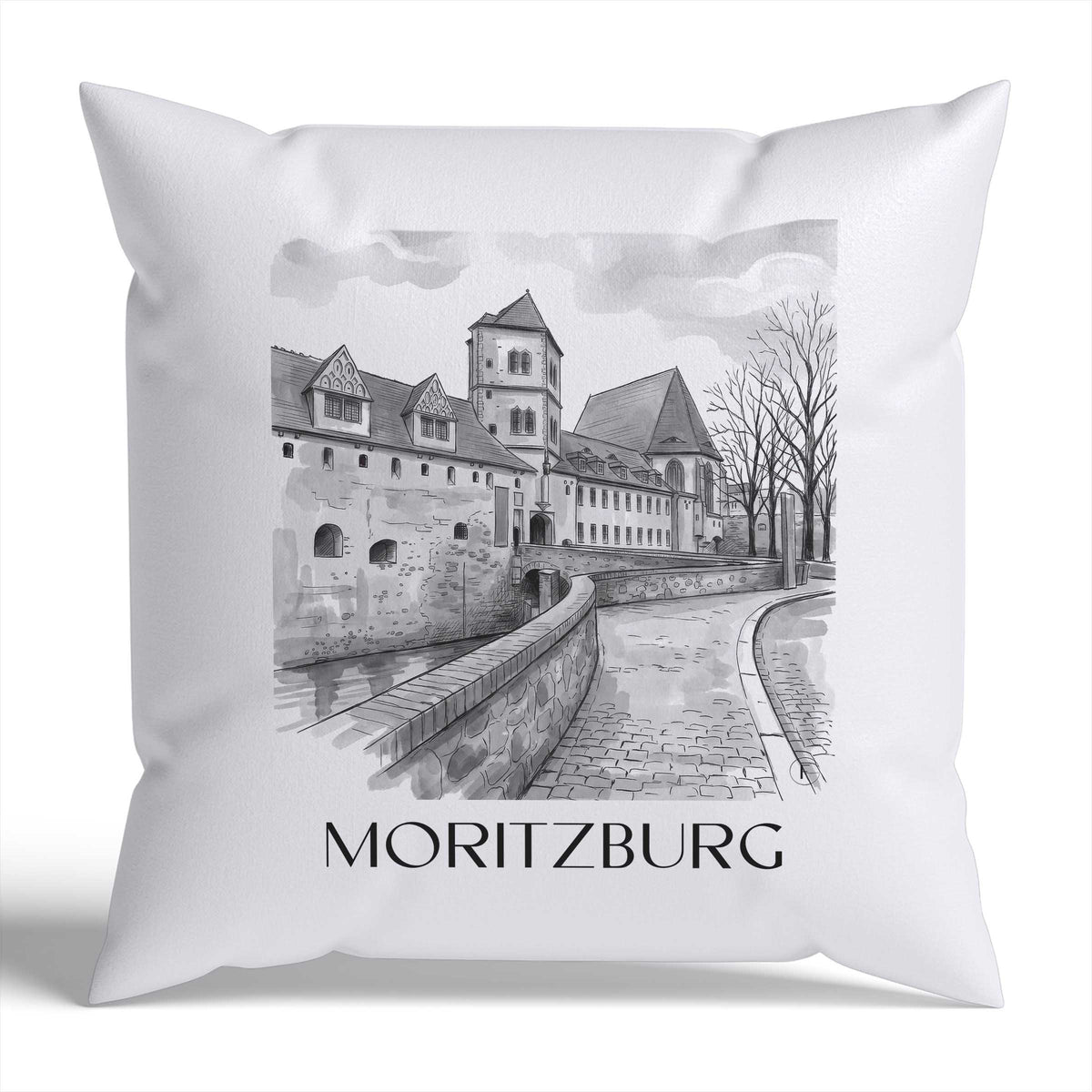 Moritzburg Kissenhülle - Zierkissen Bezug - Halle - Deutschland Kissen bzw. Kissenbezug im Aquarell Schwarz-Weiß Stil - favplace