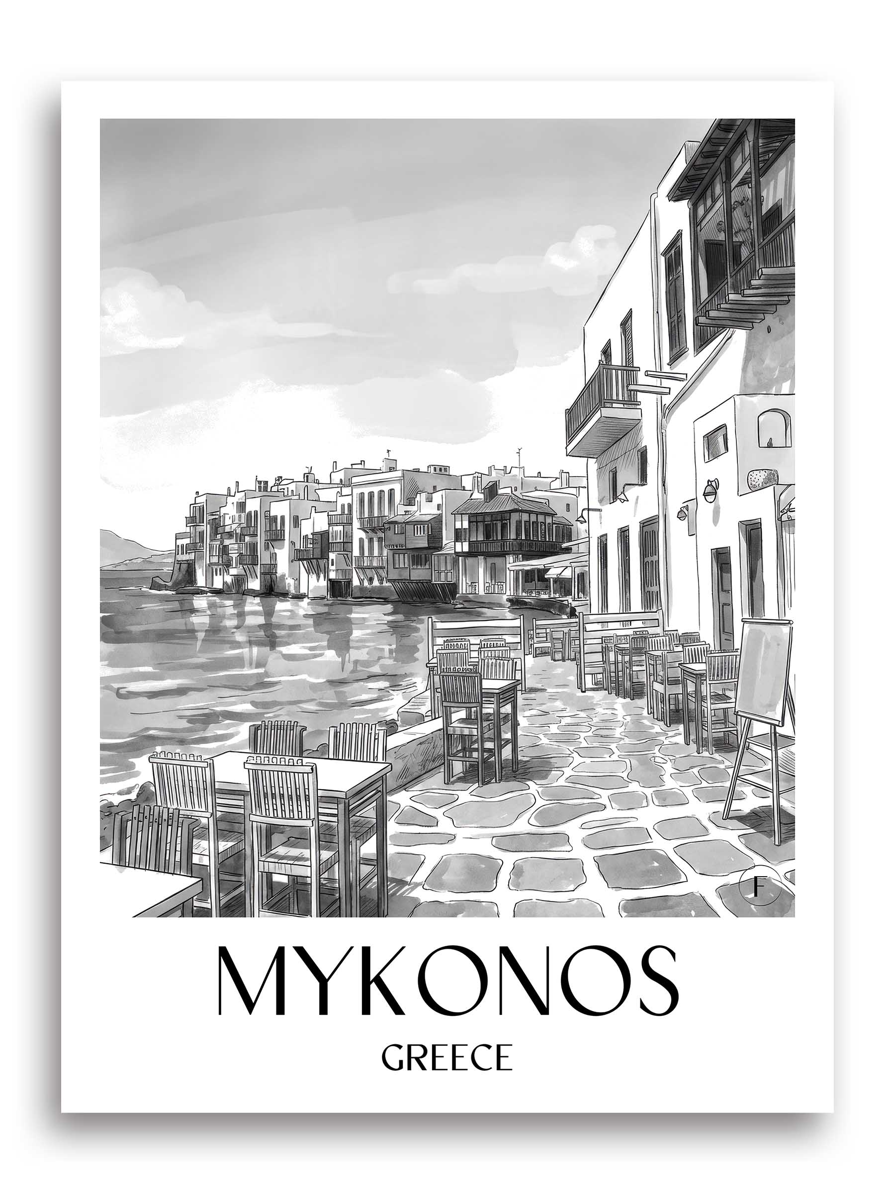 Mykonos Poster - - Griechenland Kunstdruck - Aquarell Schwarz-Weiß von A4 bis A1 - favplace