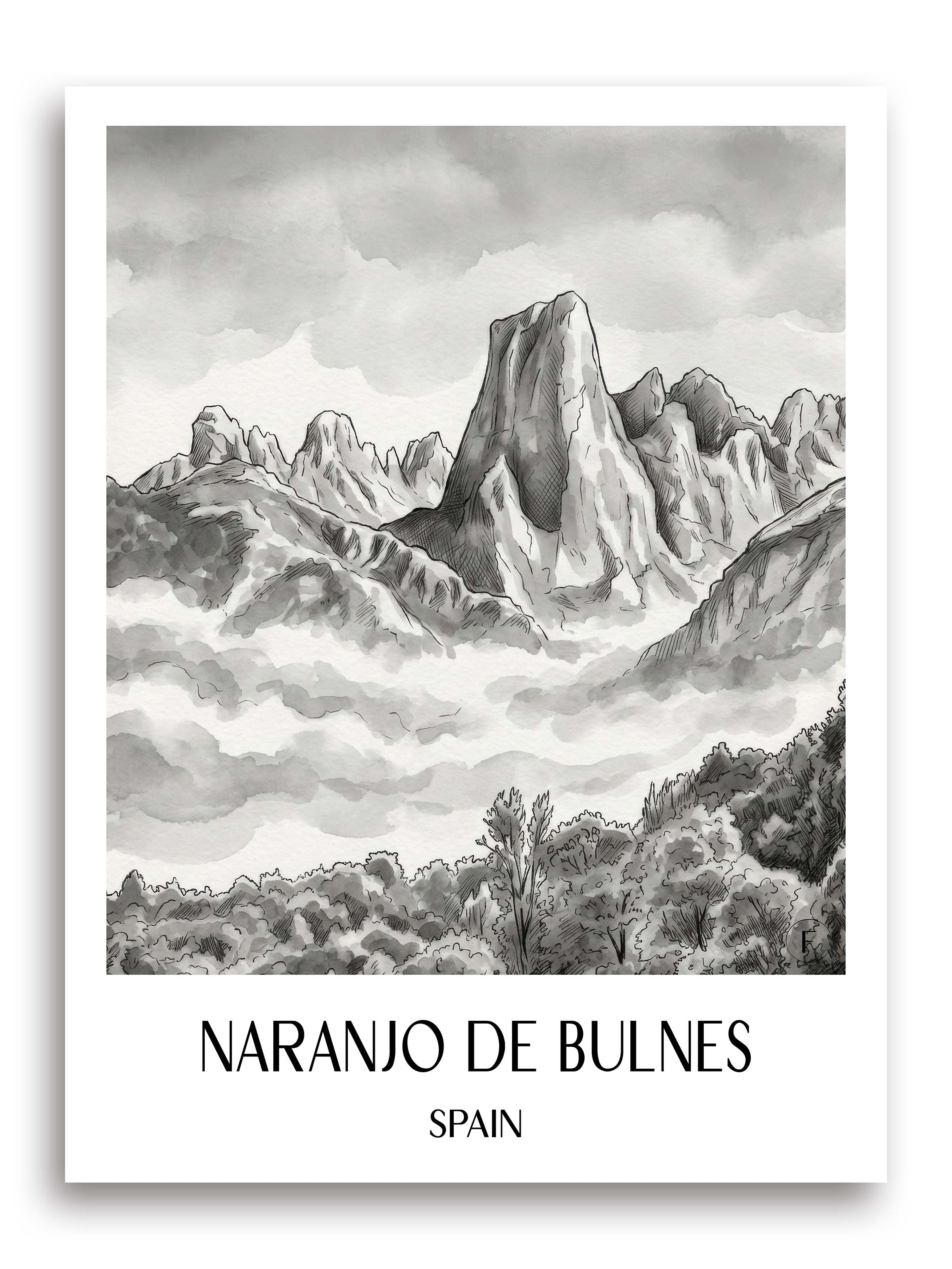 Naranjo de Bulnes Poster - Spanien - Spanien Kunstdruck - Aquarell Schwarz-Weiß von A4 bis A1 - favplace