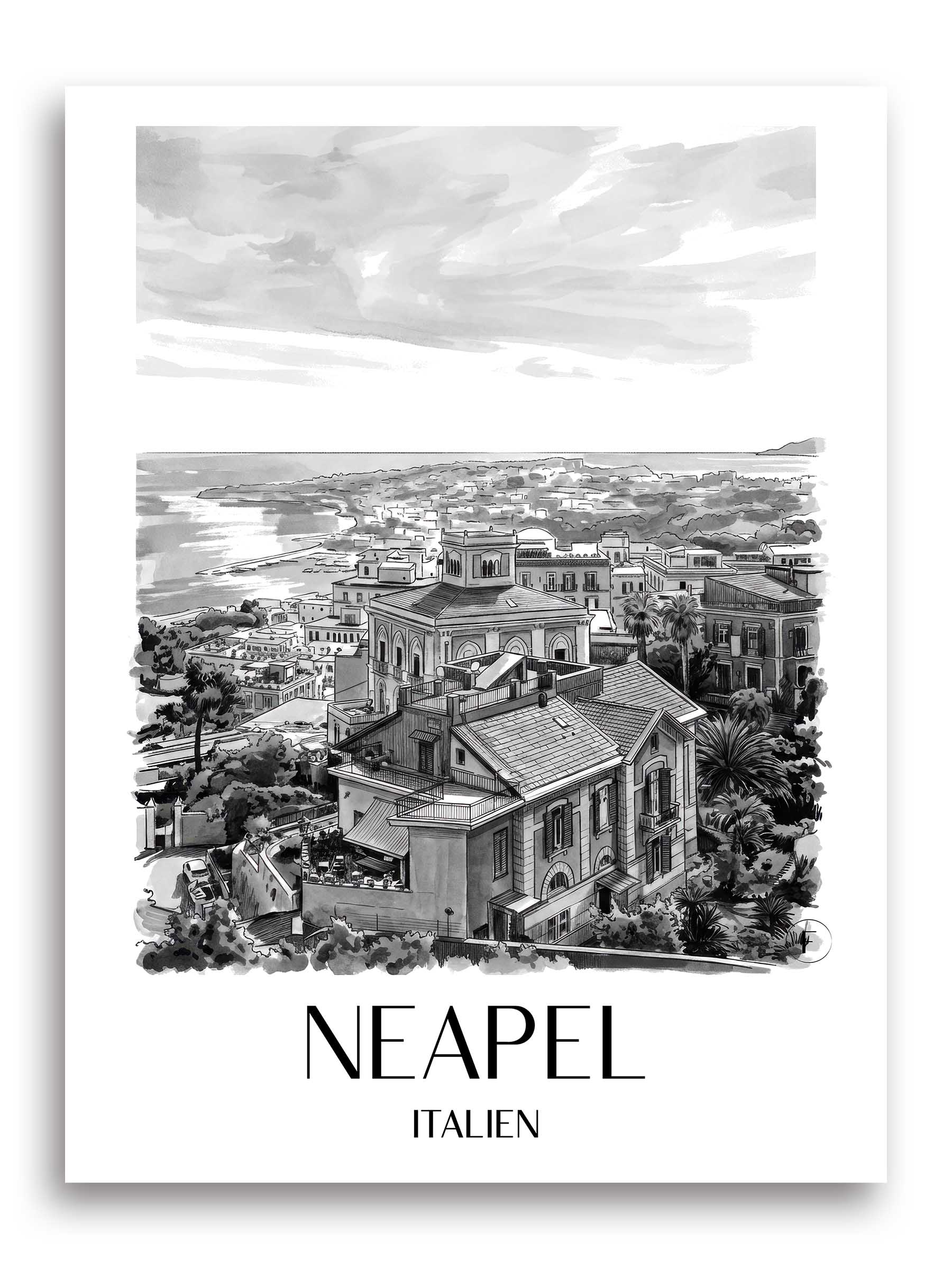 neapel-italien-poster-aquarell-schwarz-weiss