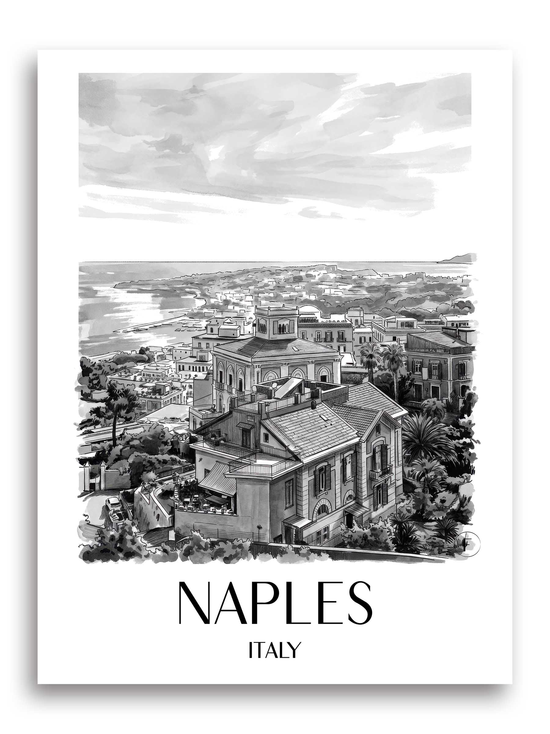 Neapel Poster - - Italien Kunstdruck - Aquarell Schwarz-Weiß von A4 bis A1 - favplace