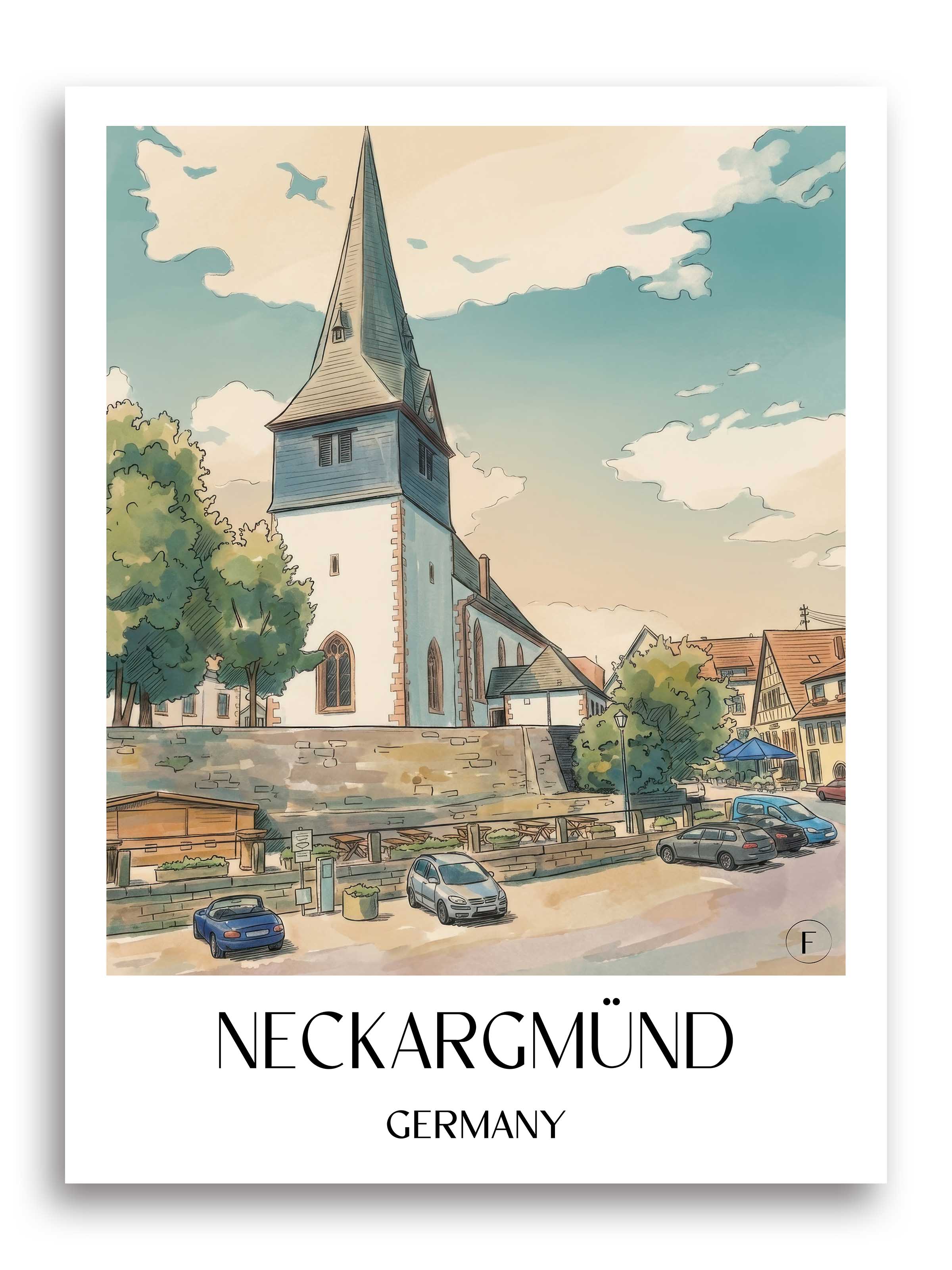 Neckargmünd Poster - Neckartal - Deutschland Kunstdruck - Aquarell von A4 bis A1 - favplace