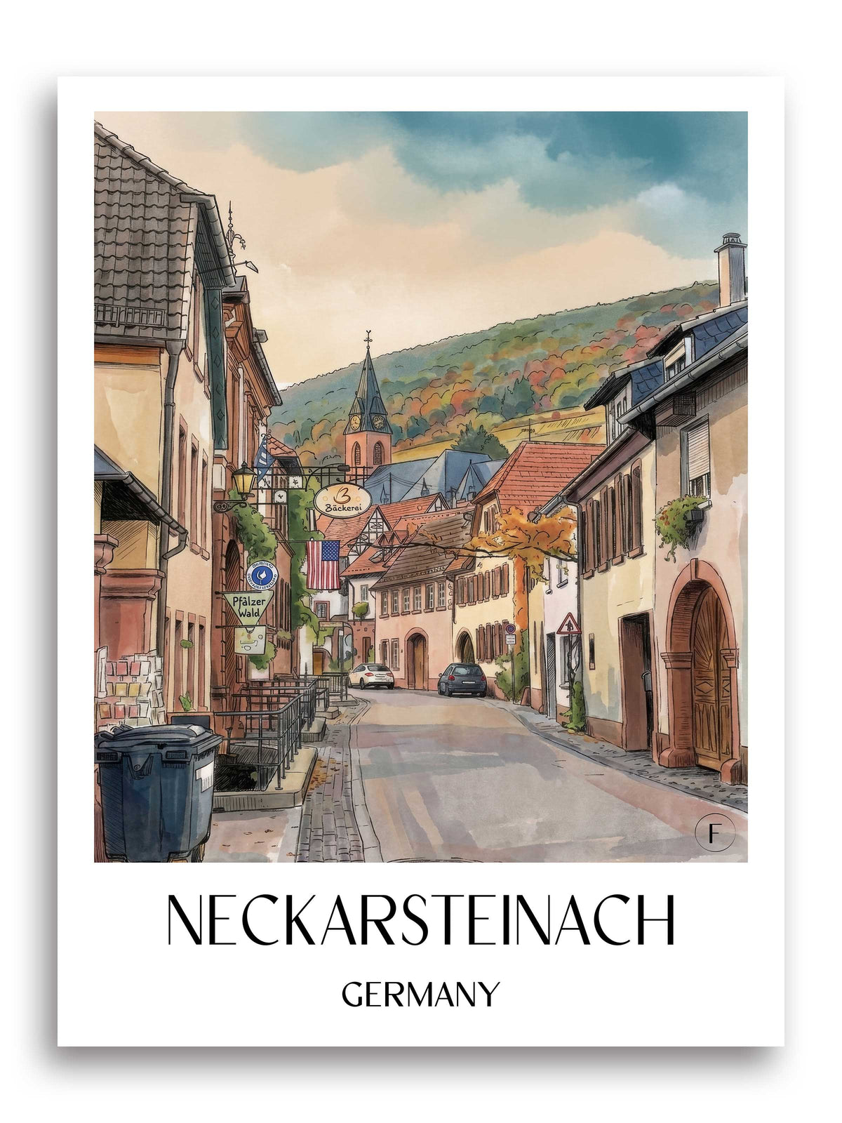 Neckarsteinach Poster - Neckartal - Deutschland Kunstdruck - Aquarell von A4 bis A1 - favplace