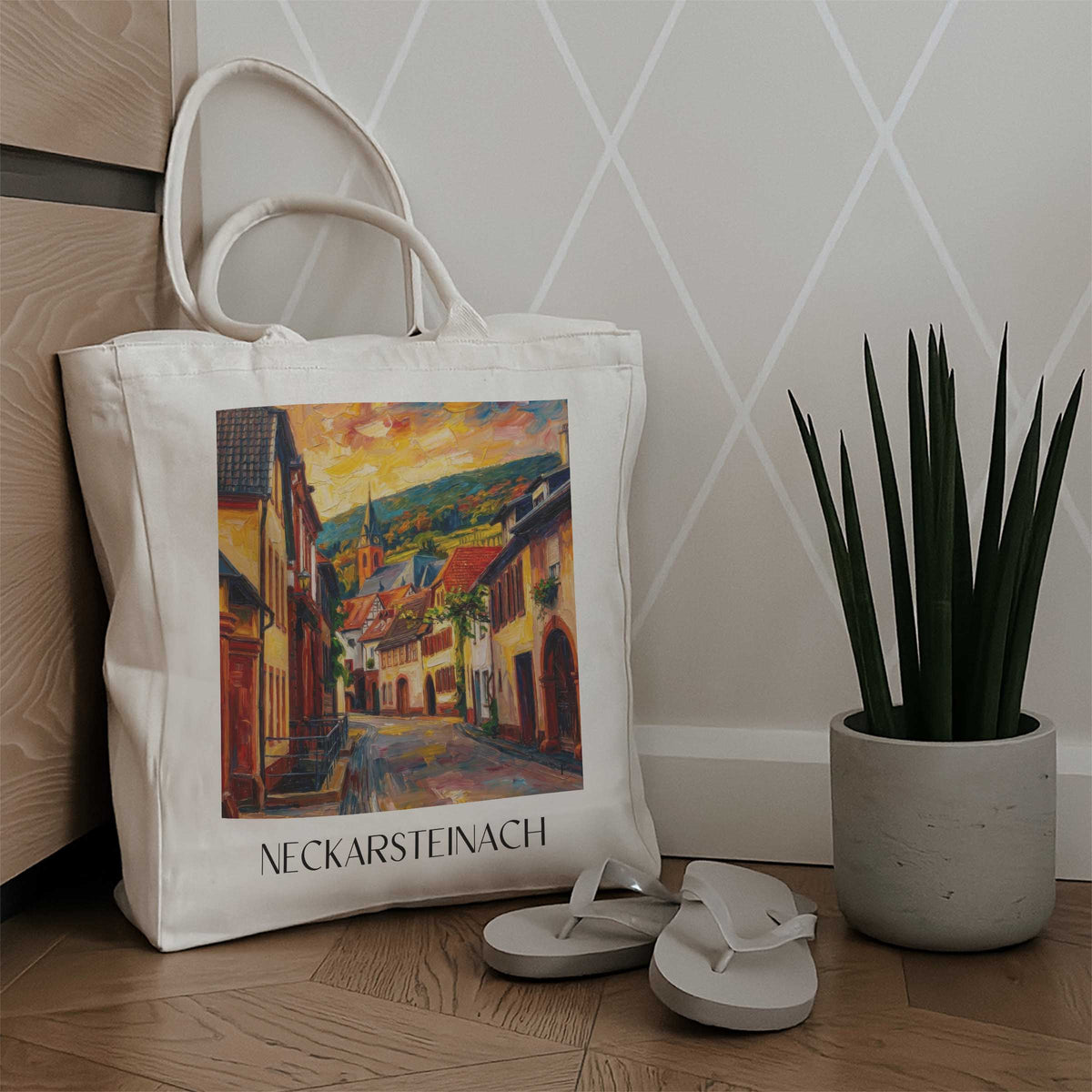 neckarsteinach-neckartal-deutschland-einkaufstasche-oil-painting-oelgemaelde