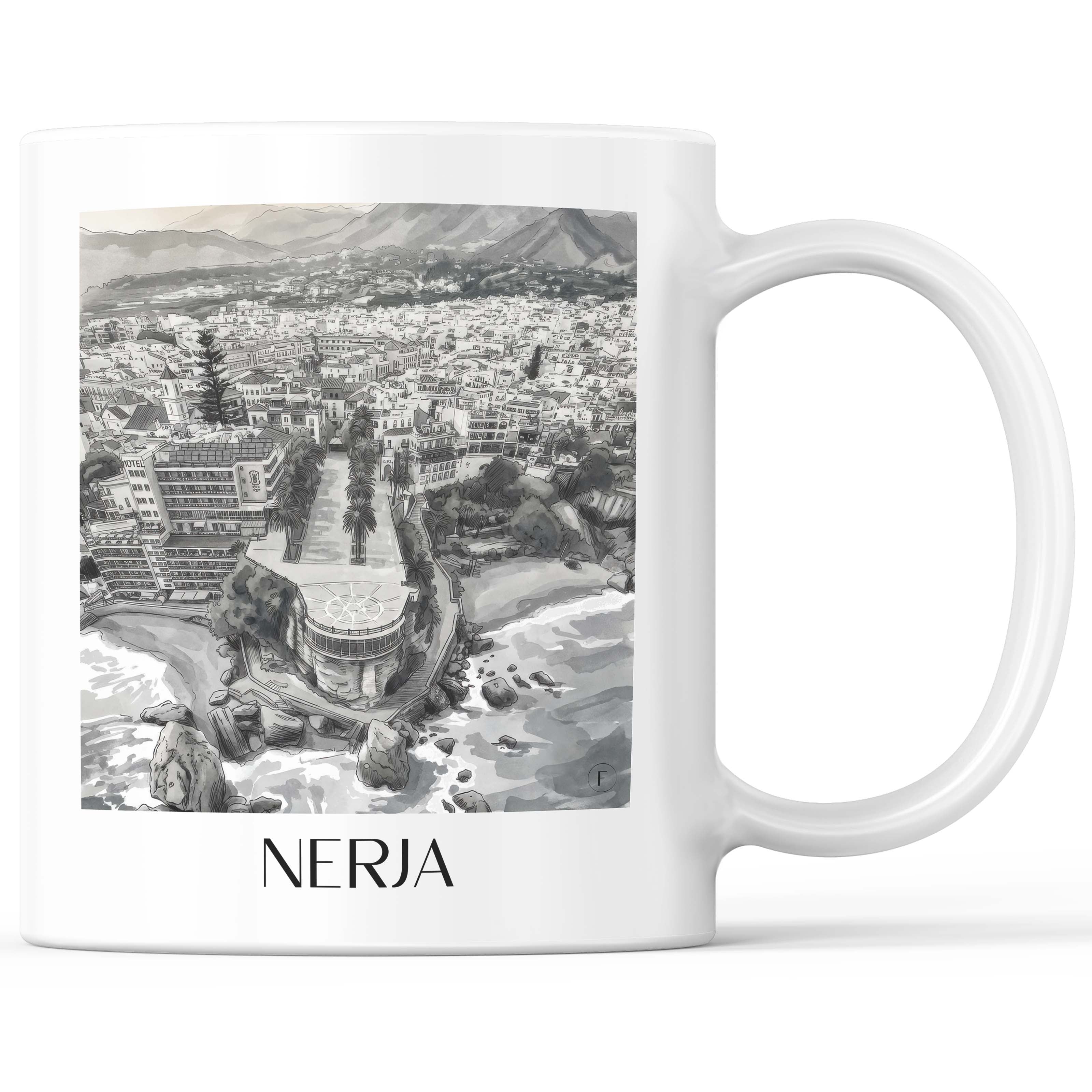 Nerja Kaffeebecher - Spanien - Spanien Becher - Kaffeetasse im Aquarell Schwarz-Weiß Stil - favplace