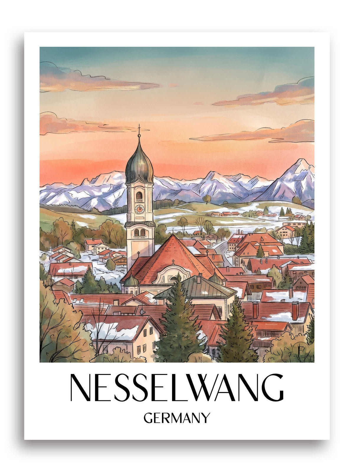 Nesselwang Poster - Ostallgäu - Deutschland Kunstdruck - Aquarell von A4 bis A1 - favplace