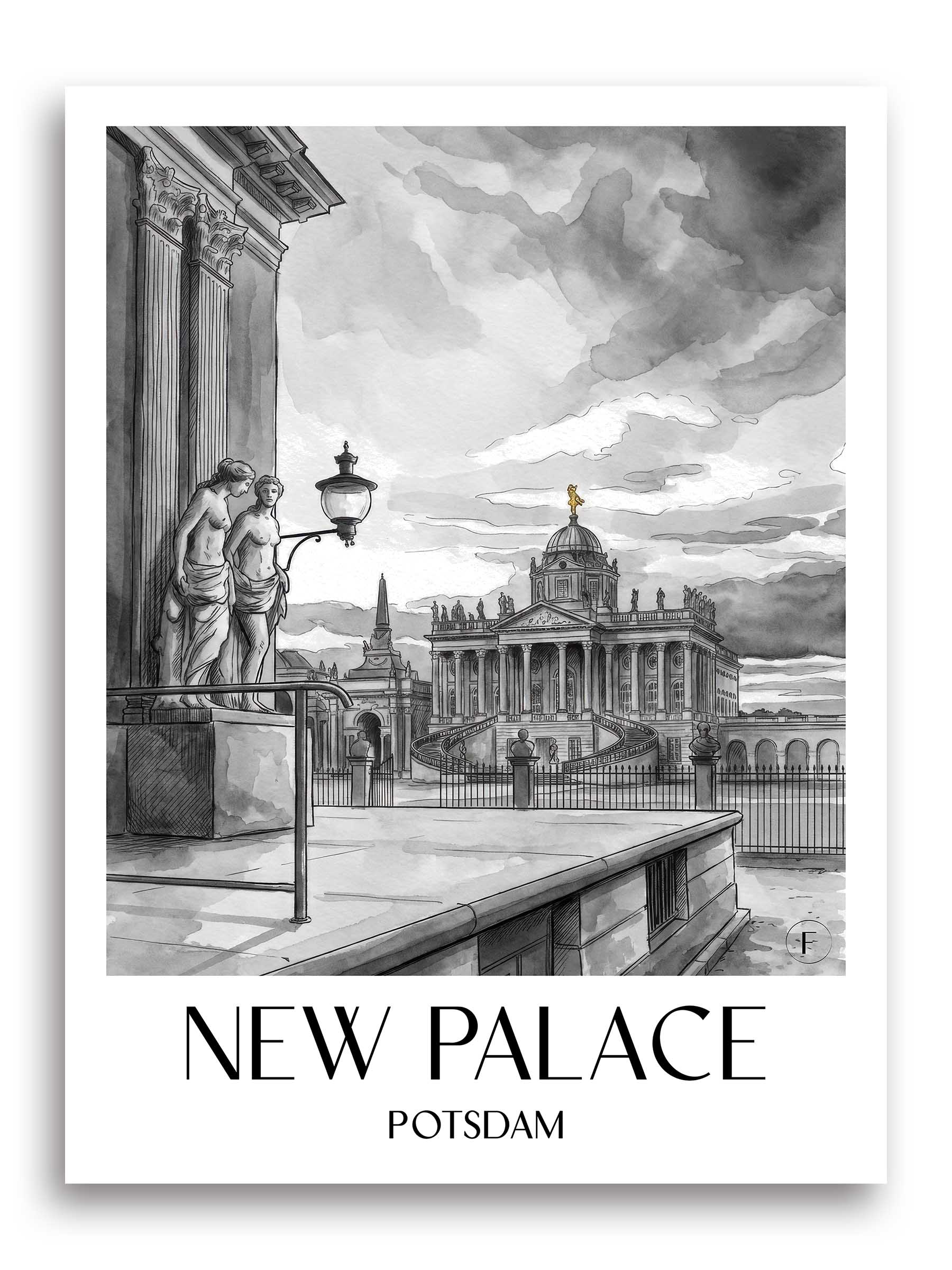 Neues Palais Poster - Potsdam - Deutschland Kunstdruck - Aquarell Schwarz-Weiß von A4 bis A1 - favplace