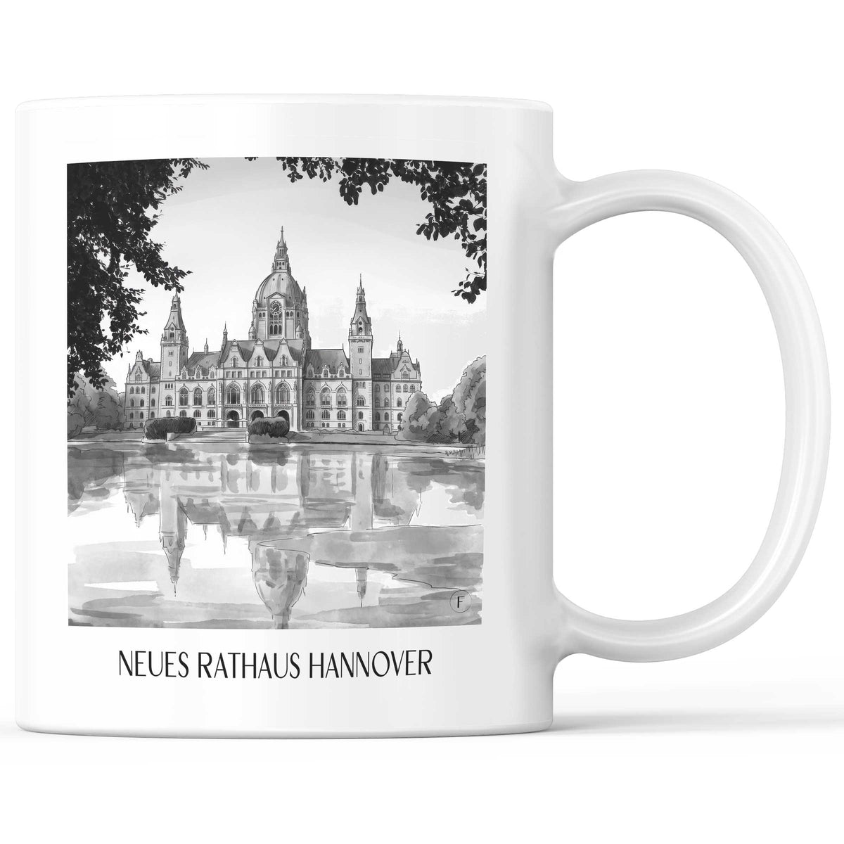 Neues Rathaus Kaffeebecher - Hannover - Deutschland Becher - Kaffeetasse im Aquarell Schwarz-Weiß Stil - favplace