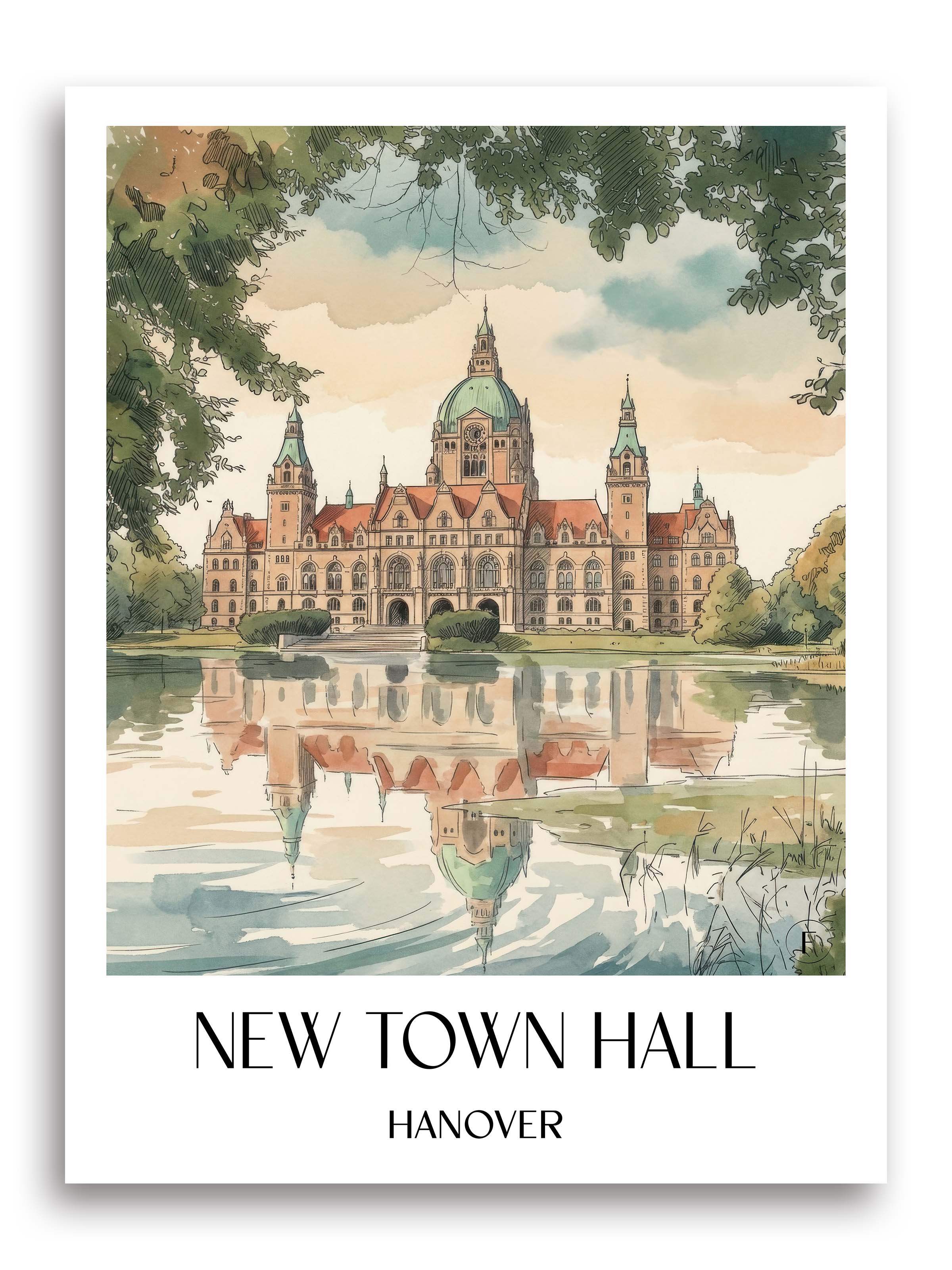 Neues Rathaus Poster - Hannover - Deutschland Kunstdruck - Aquarell von A4 bis A1 - favplace