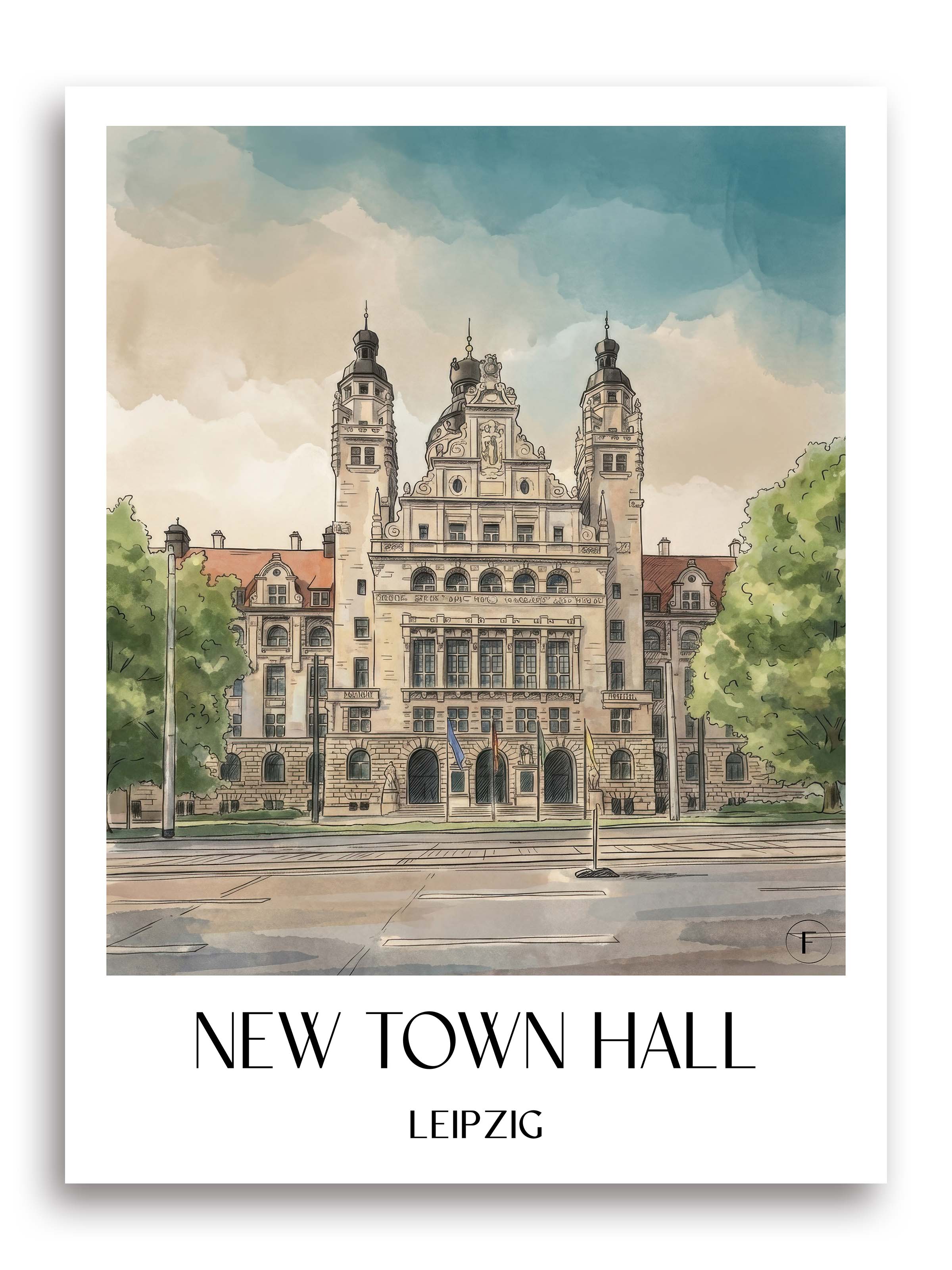 Neues Rathaus Poster - Leipzig - Deutschland Kunstdruck - Aquarell von A4 bis A1 - favplace