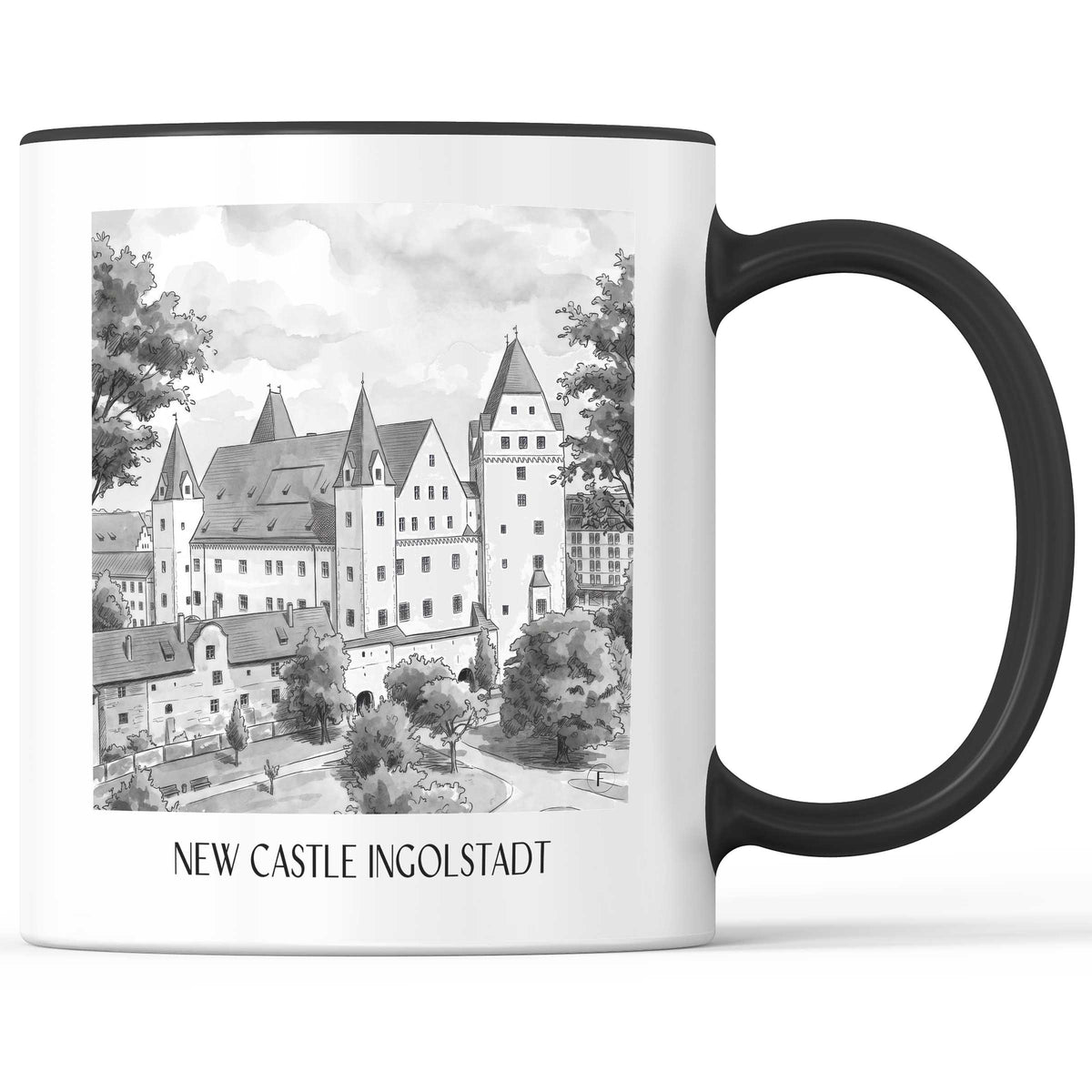 Neues Schloss Kaffeebecher - Ingolstadt - Deutschland Becher - Kaffeetasse im Aquarell Schwarz-Weiß Stil - favplace