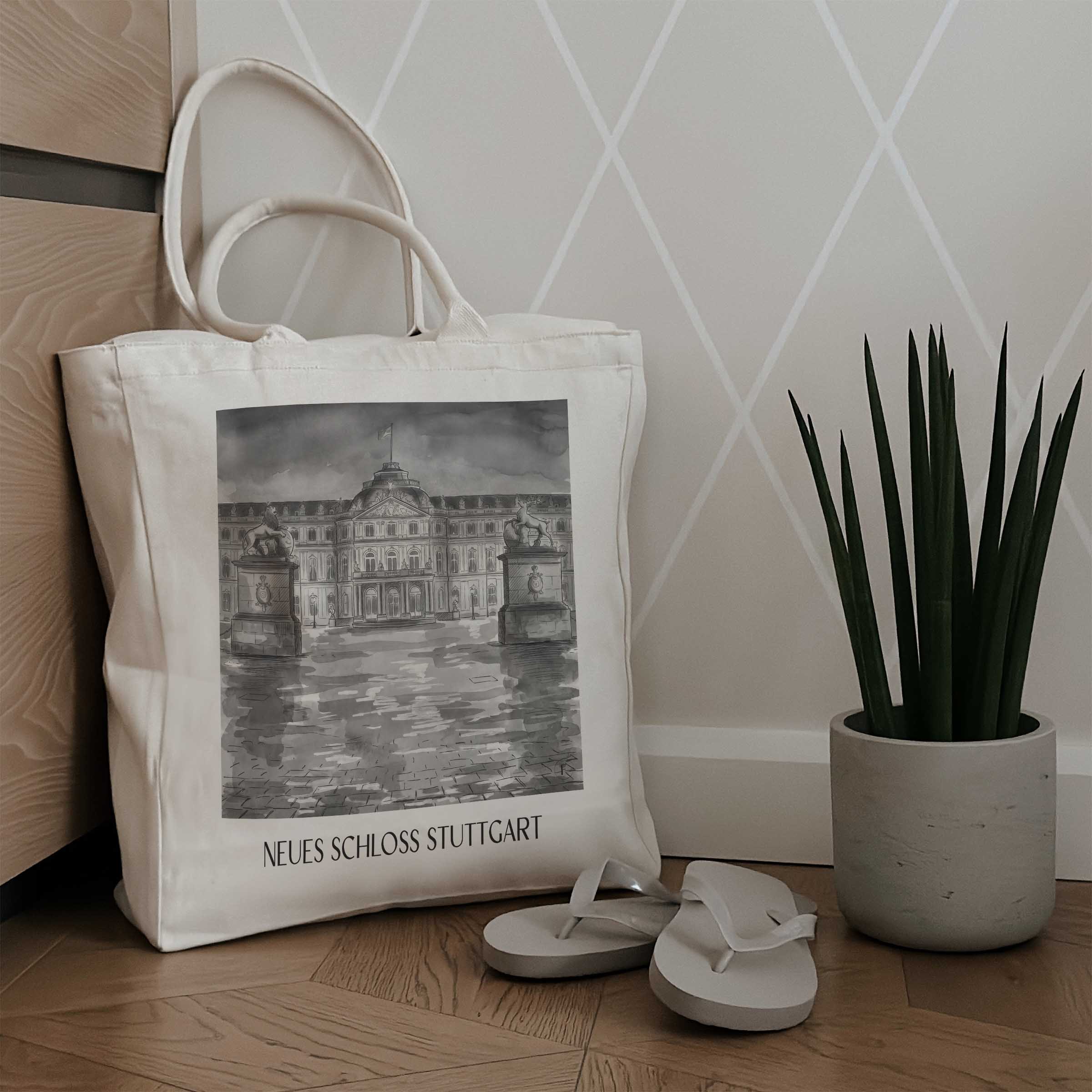neues-schloss-stuttgart-deutschland-einkaufstasche-aquarell-schwarz-weiss