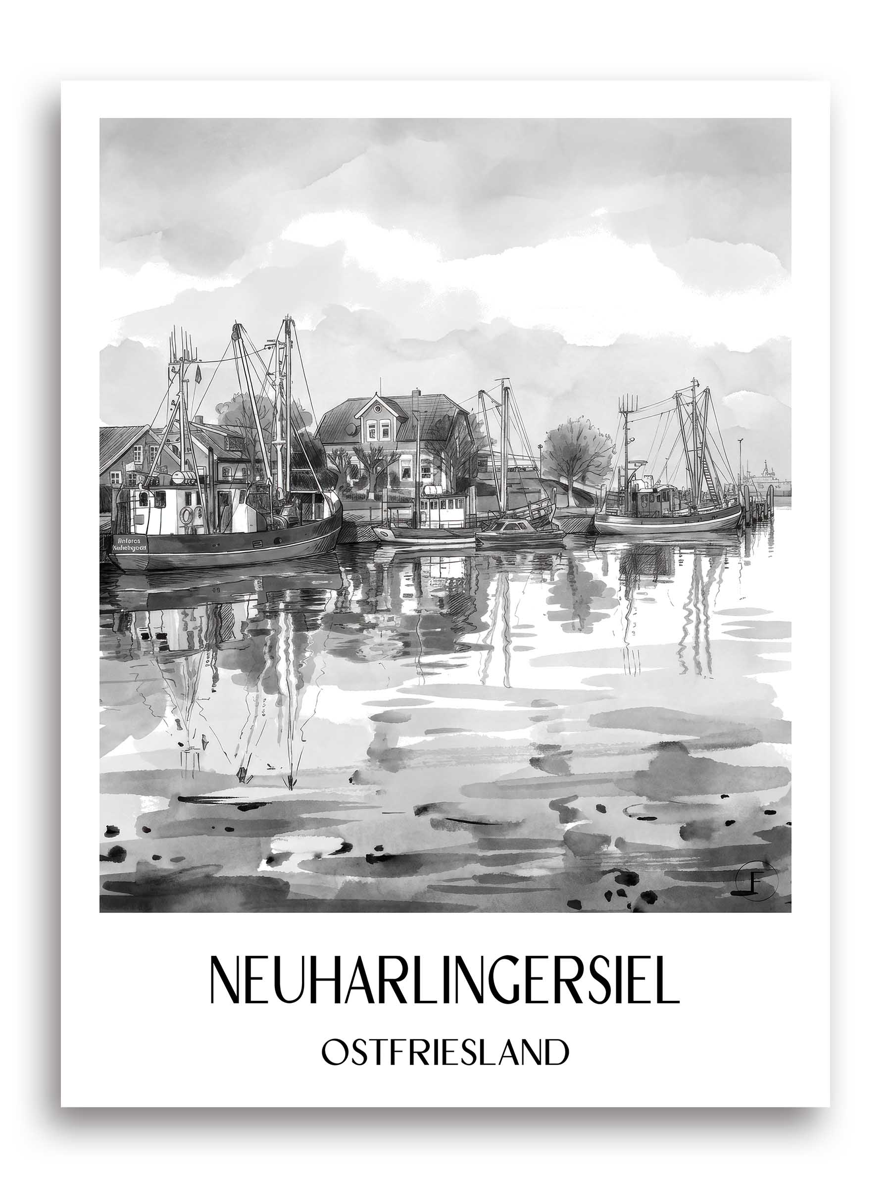neuharlingersiel-ostfriesland-deutschland-poster-aquarell-schwarz-weiss