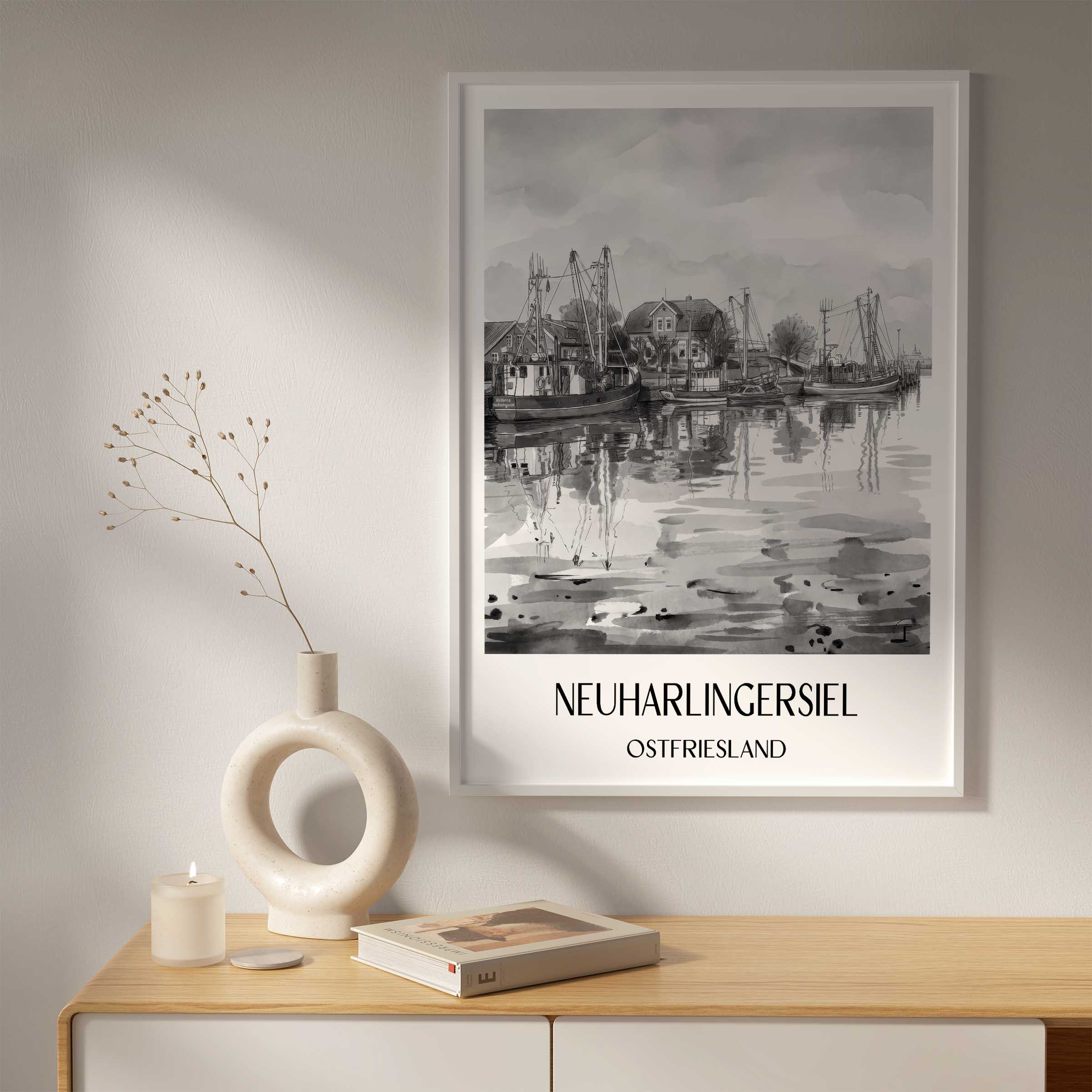 neuharlingersiel-ostfriesland-deutschland-poster-aquarell-schwarz-weiss