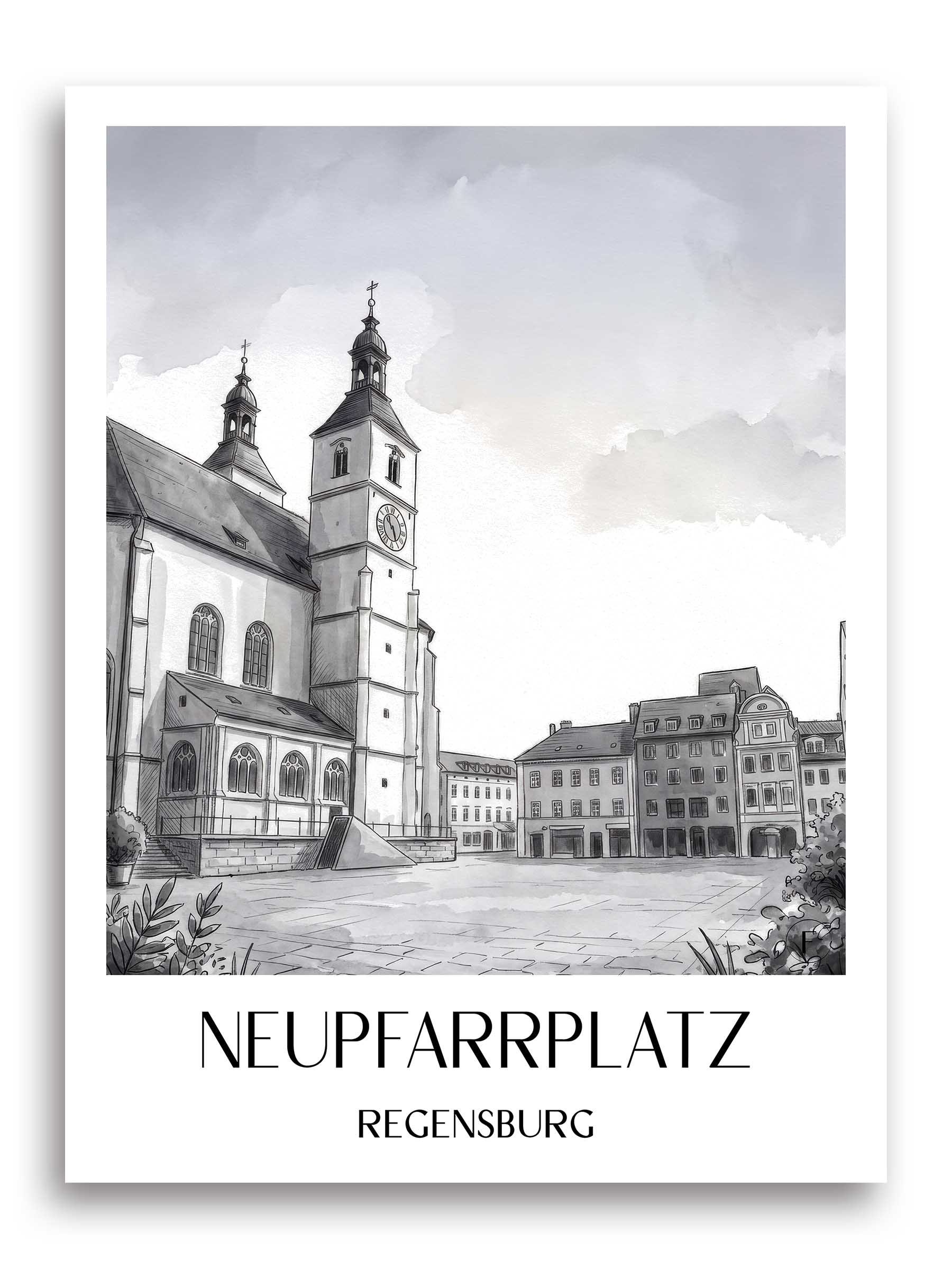 neupfarrplatz-regensburg-deutschland-poster-aquarell-schwarz-weiss
