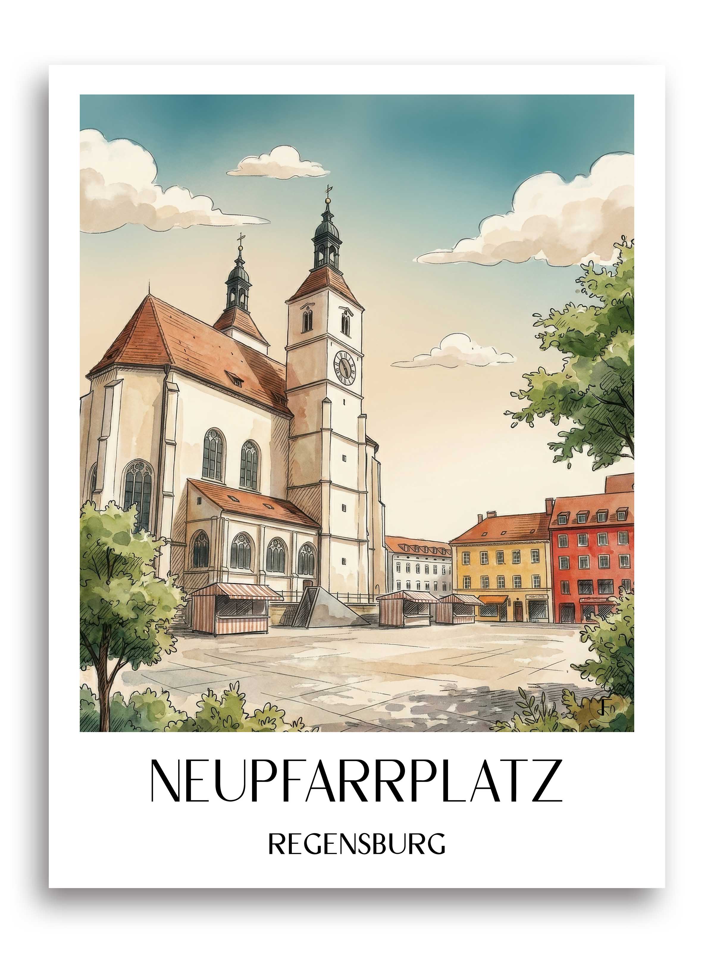 Neupfarrplatz Poster - Regensburg - Deutschland Kunstdruck - Aquarell von A4 bis A1 - favplace