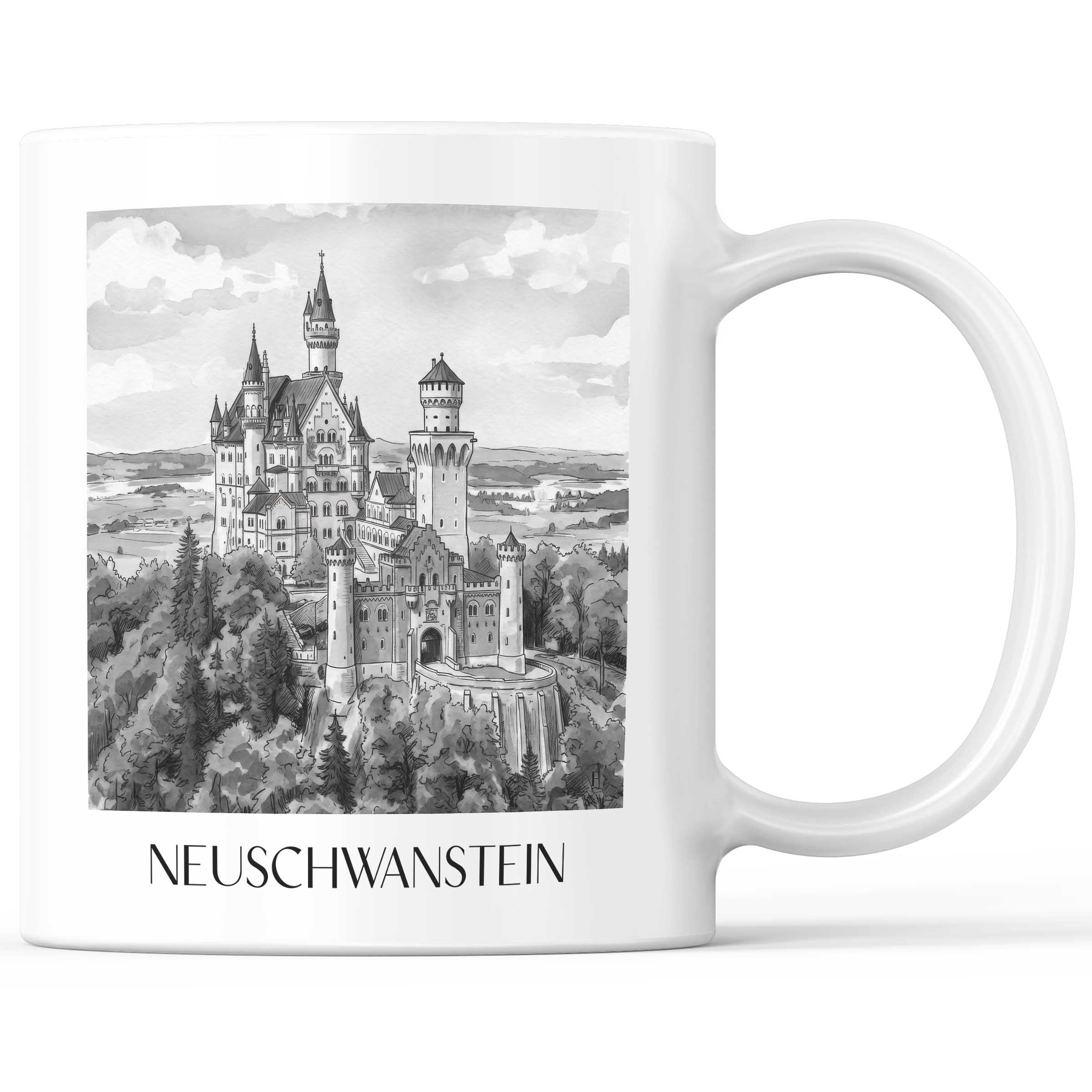 Neuschwanstein - Deutschland Becher - Kaffeetasse im Aquarell Schwarz-Weiß Stil - favplace