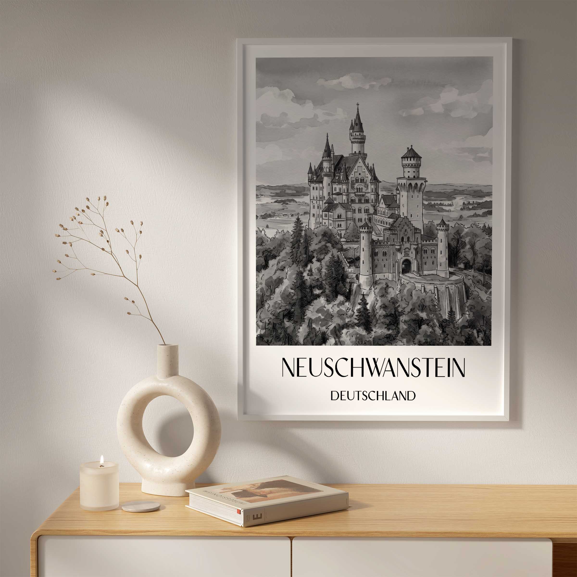 neuschwanstein-deutschland-poster-aquarell-schwarz-weiss